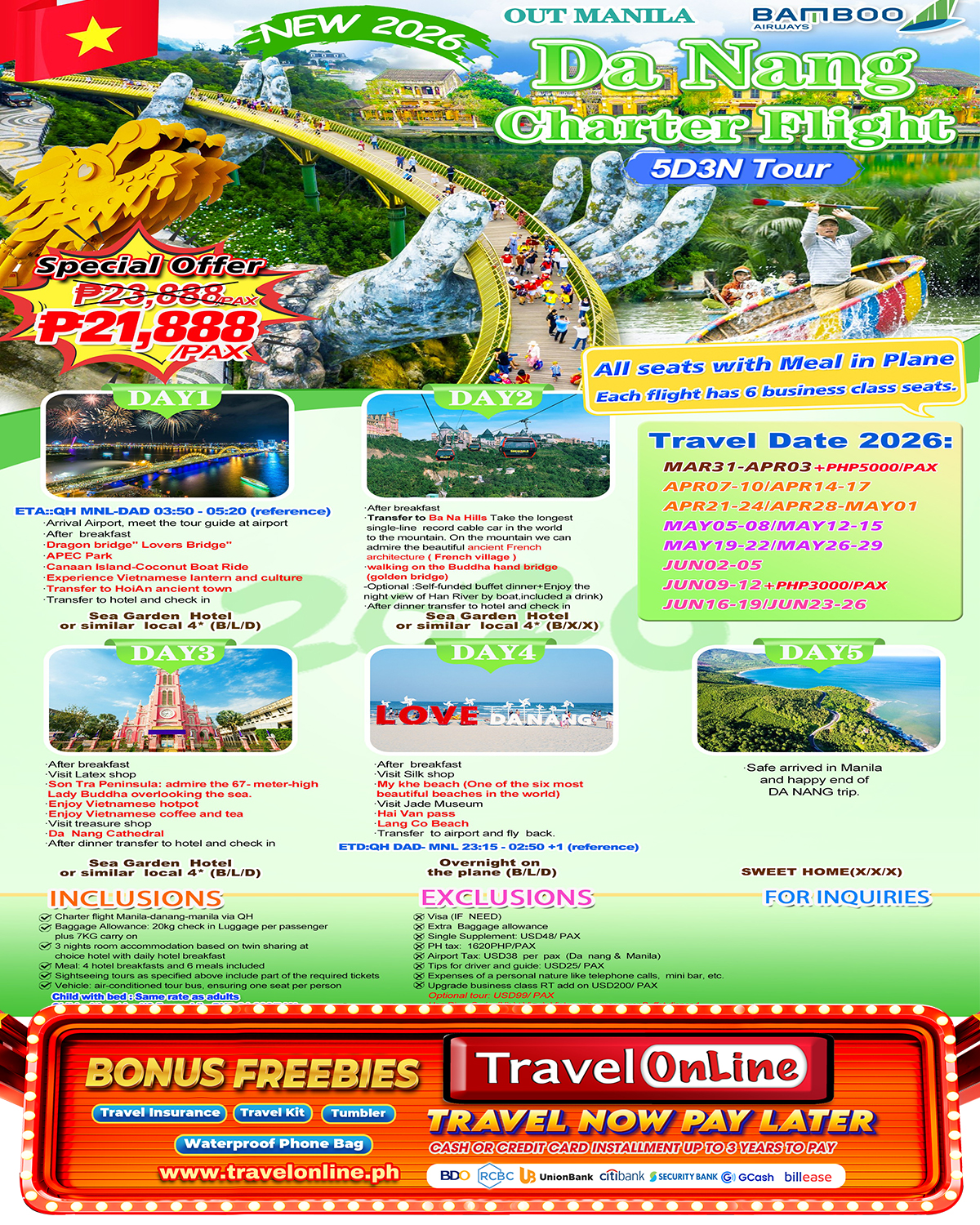 Danang 5D3N (QH Charter Flight), 2026 : AS LOW AS ₱21,888/PAX