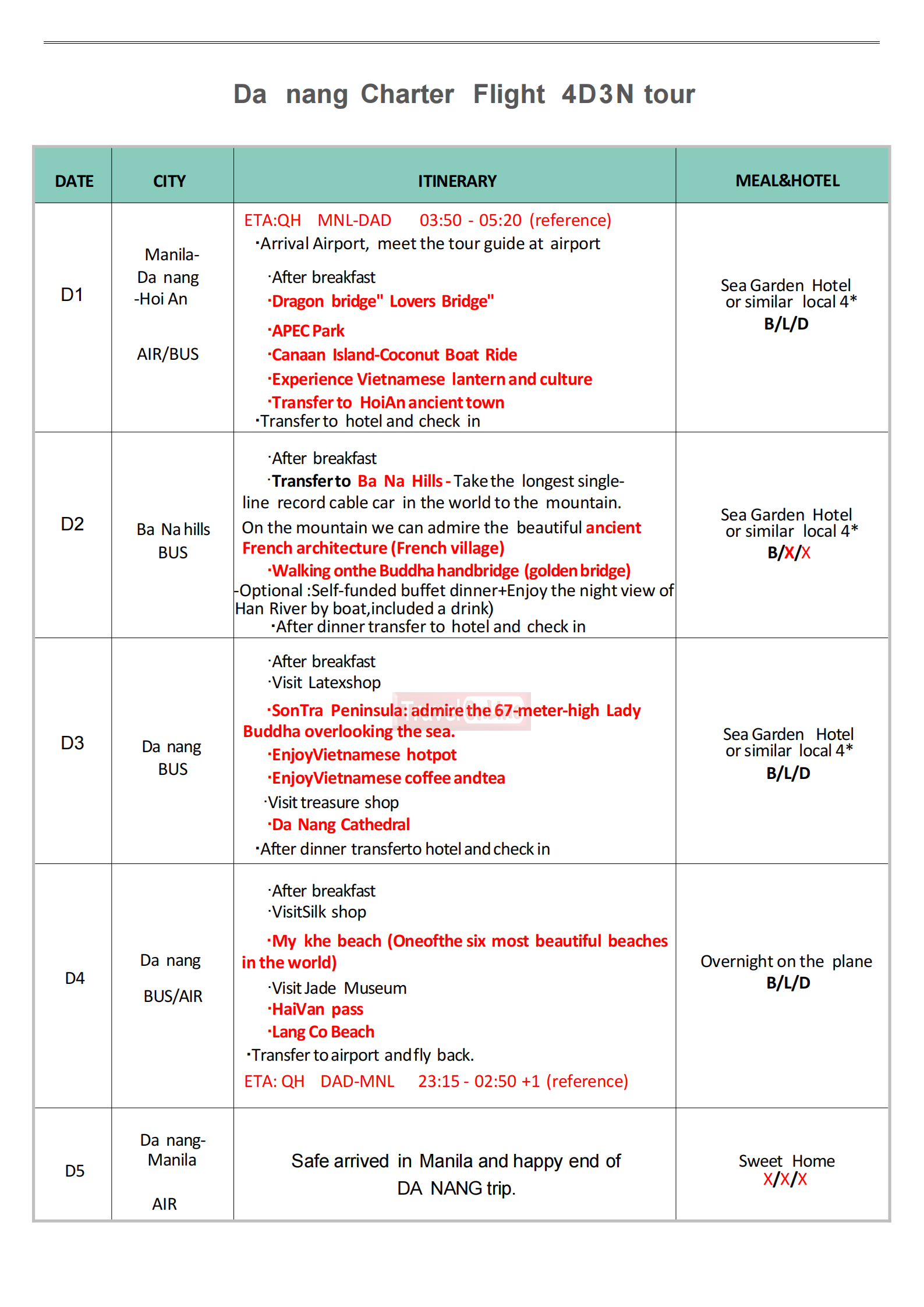 Danang 5D3N (QH Charter Flight), 2026 : AS LOW AS ₱21,888/PAX itinerary