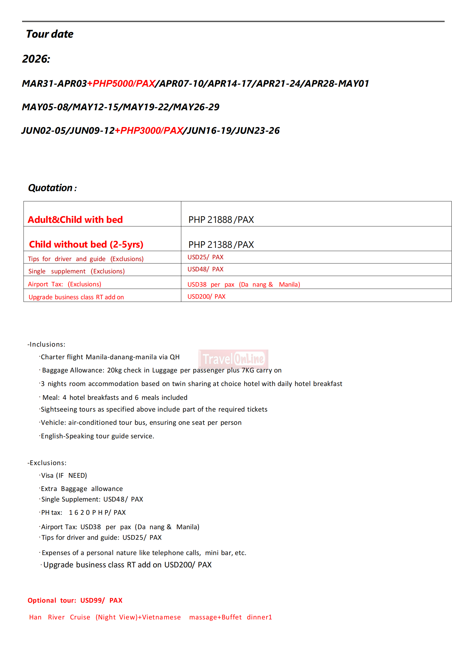 Danang 5D3N (QH Charter Flight), 2026 : AS LOW AS ₱21,888/PAX itinerary