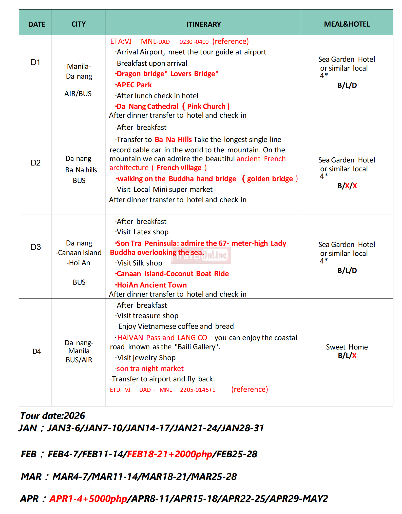 Danang 5D3N (VJ Charter Flight), 2026 : AS LOW AS ₱21,888/PAX itinerary