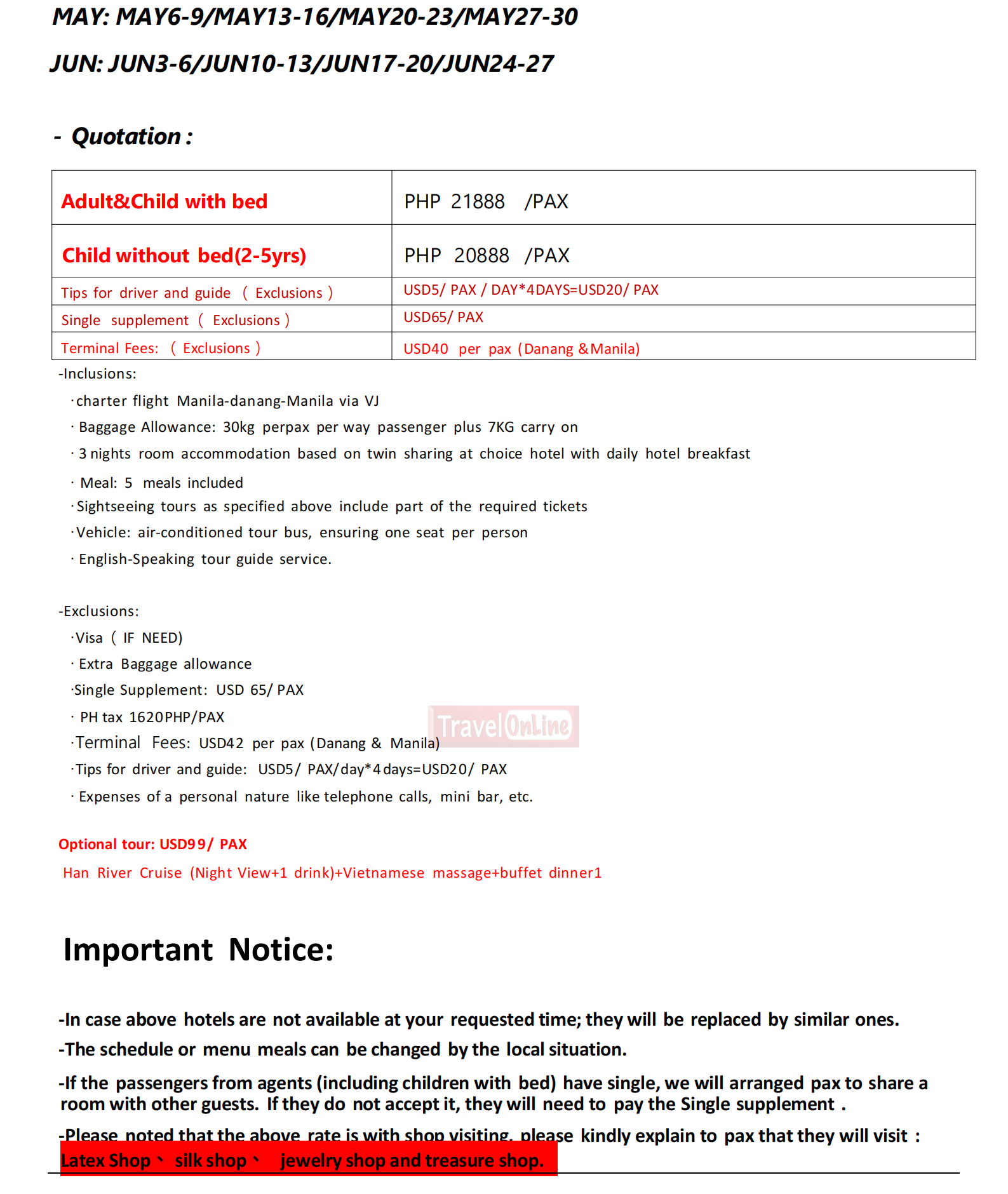 Danang 5D3N (VJ Charter Flight), 2026 : AS LOW AS ₱21,888/PAX itinerary