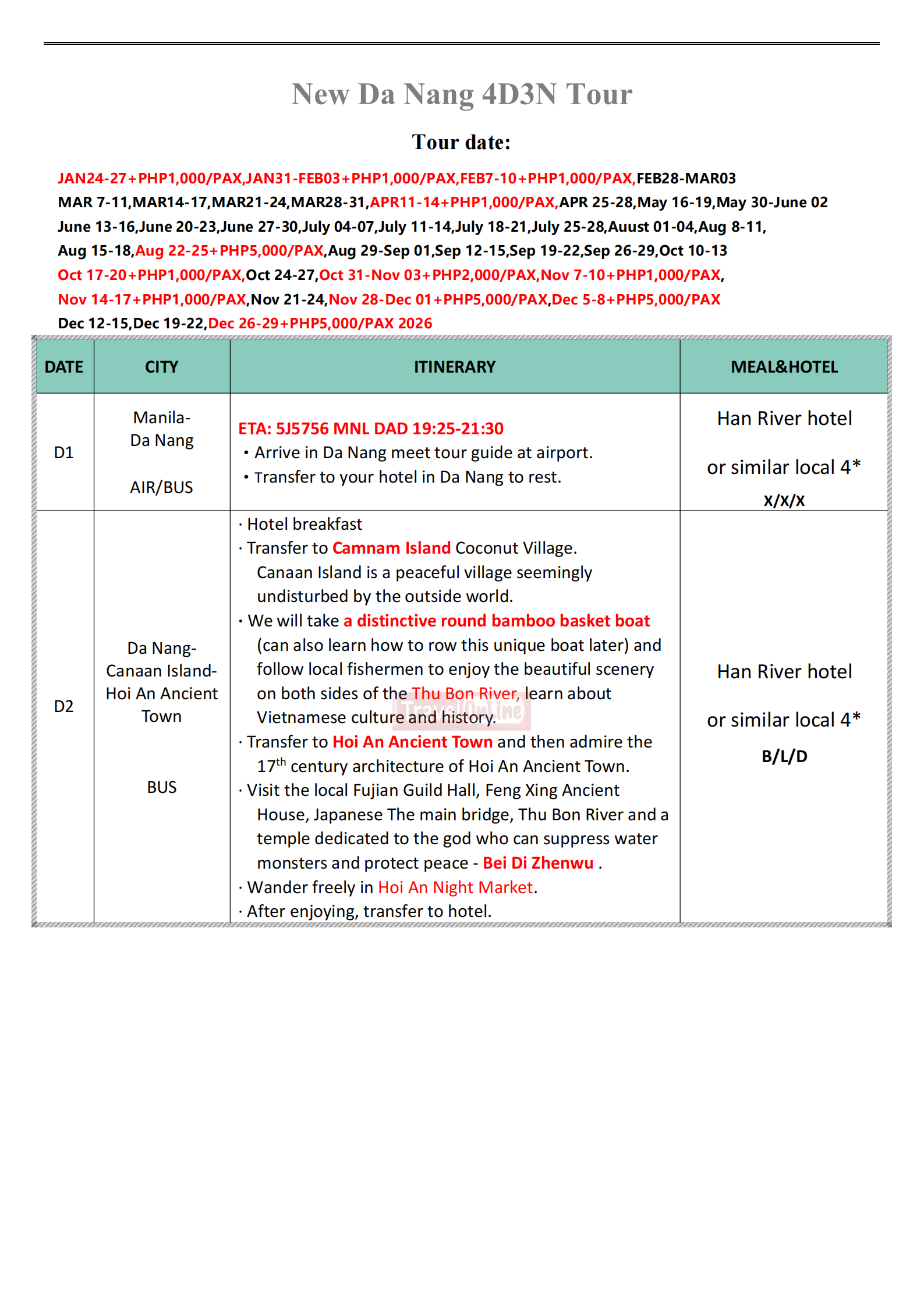 DA NANG 4D3N (5J), 2026 :  AS LOW AS ₱21,888/PAX itinerary