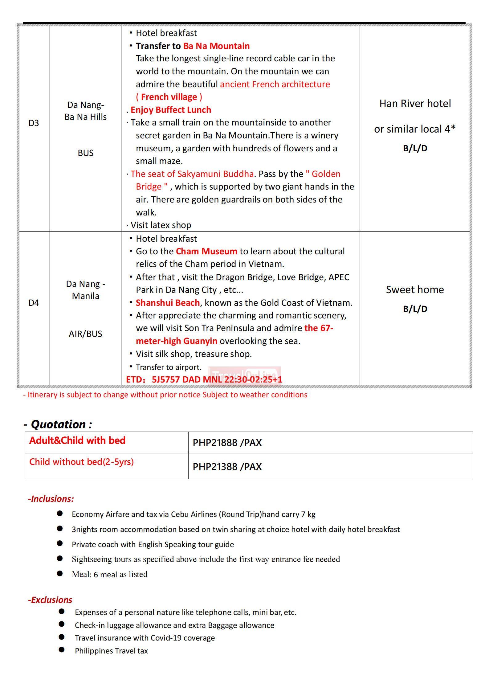 DA NANG 4D3N (5J), 2026 :  AS LOW AS ₱21,888/PAX itinerary