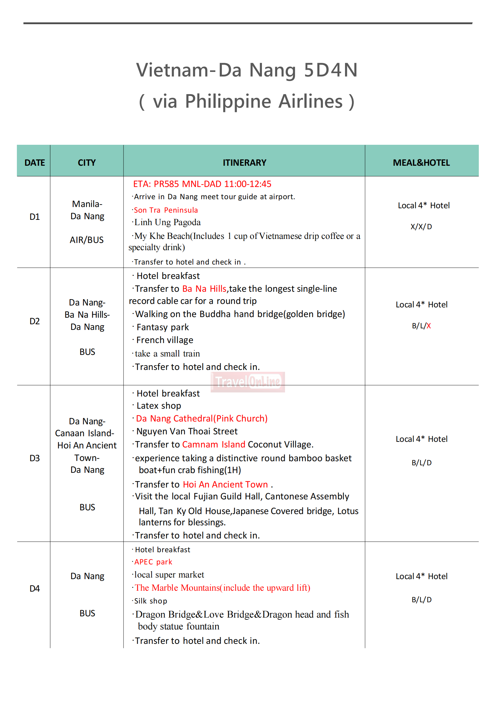 Da Nang 5D4N (PR) , 2026 : AS LOW AS ₱29,888/PAX itinerary