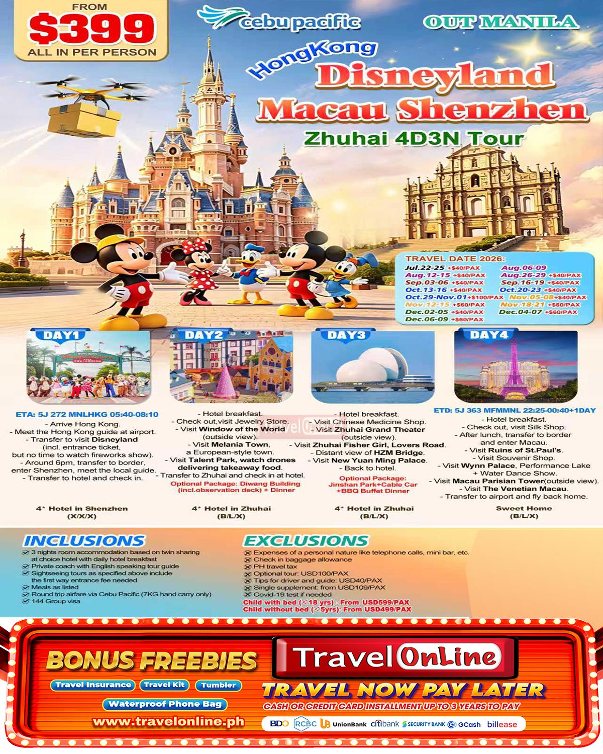 Hongkong Disneyland-Macau-Shenzhen-Zhuhai 4D3N Tour via 5J: AS LOW AS $399/PAX