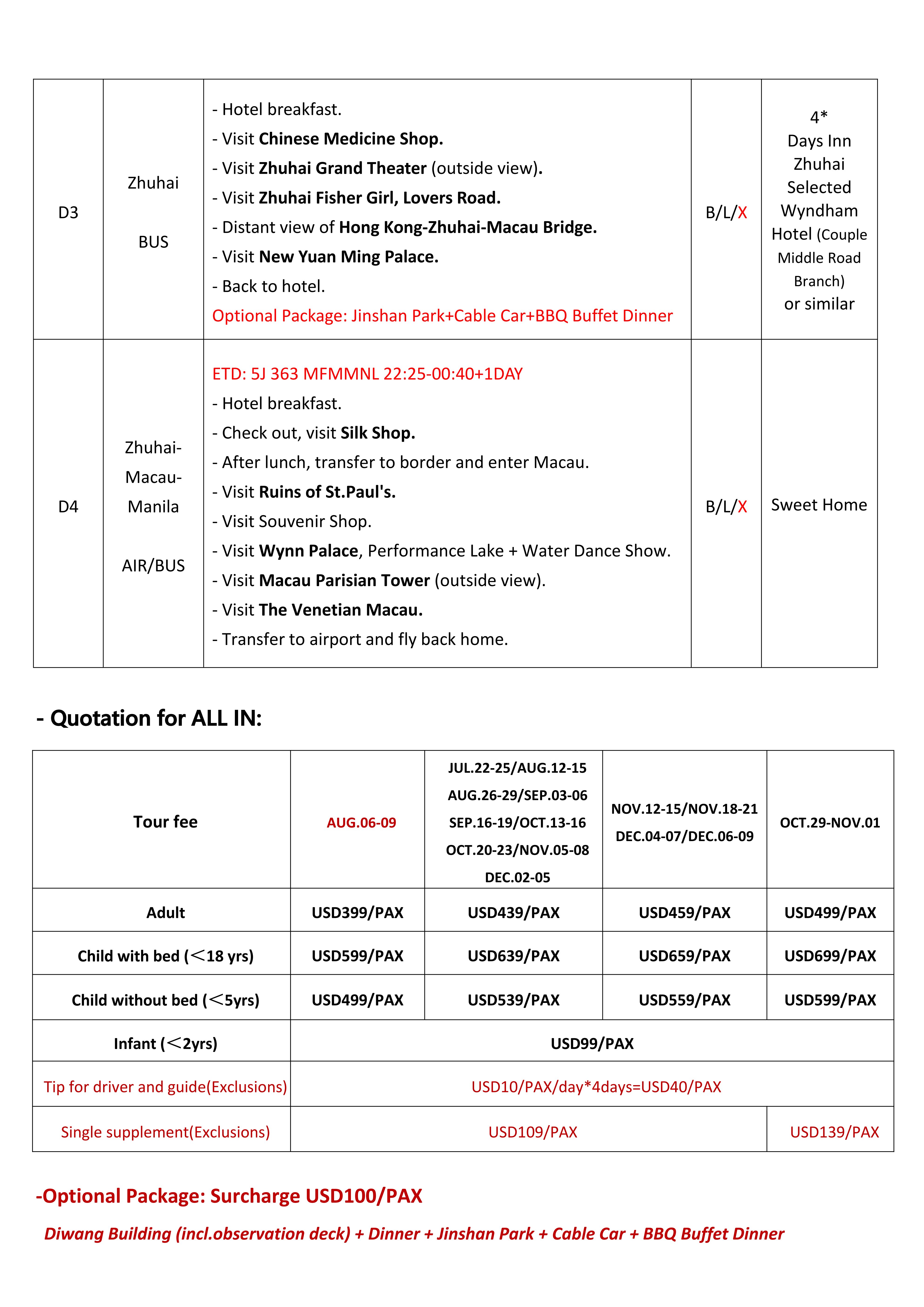 Hongkong Disneyland-Macau-Shenzhen-Zhuhai 4D3N Tour via 5J: AS LOW AS $399/PAX itinerary