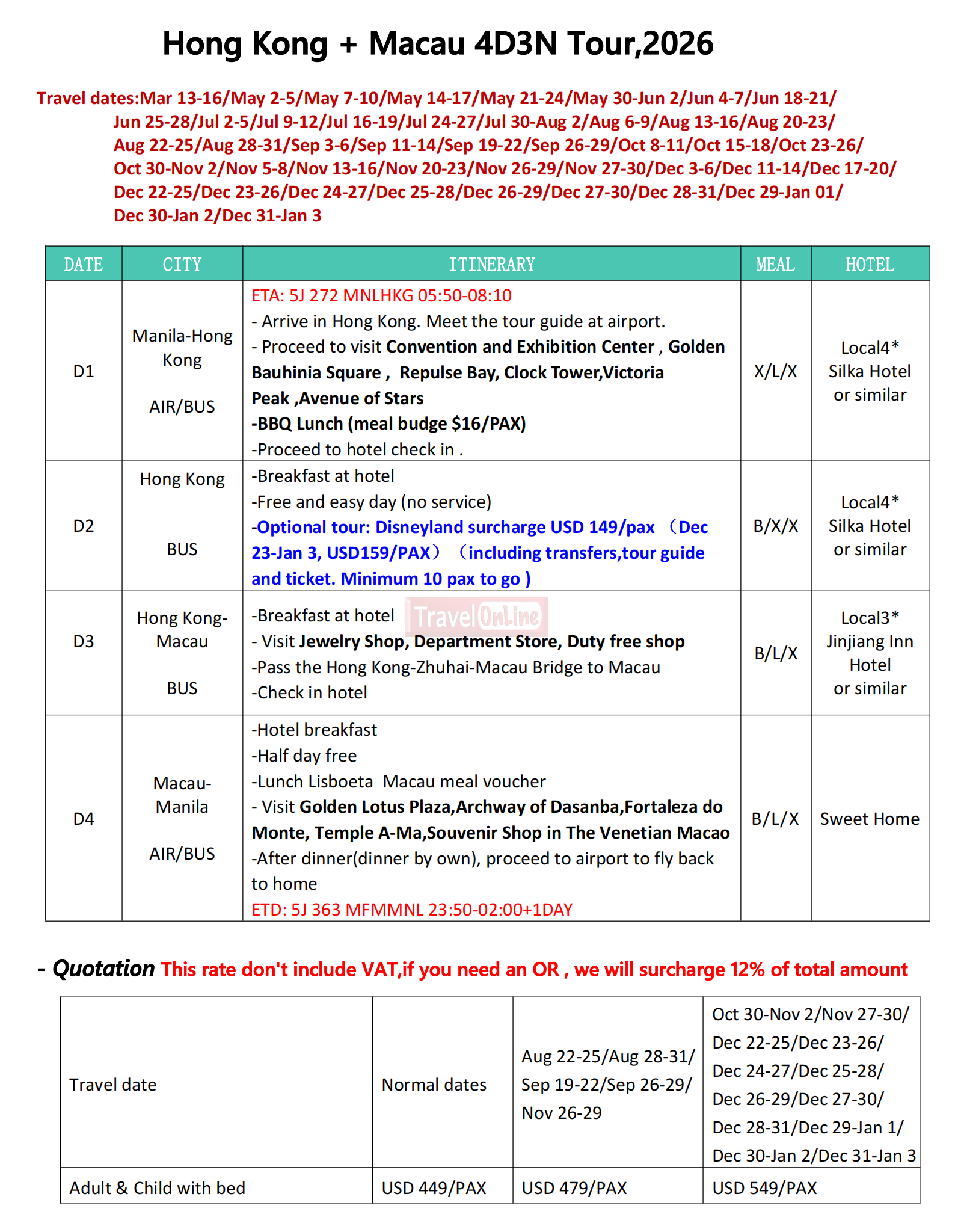 Hong Kong + Macau 4D3N Tour 2026 :  AS LOW AS $449/PAX itinerary