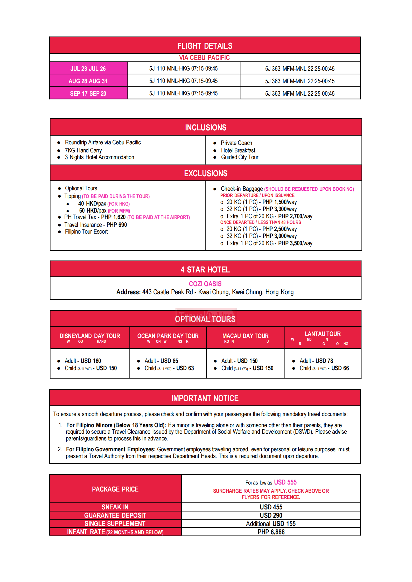 FIRST LOVE(HONGKONG-MACAU) :  AS LOW AS $555/PAX itinerary