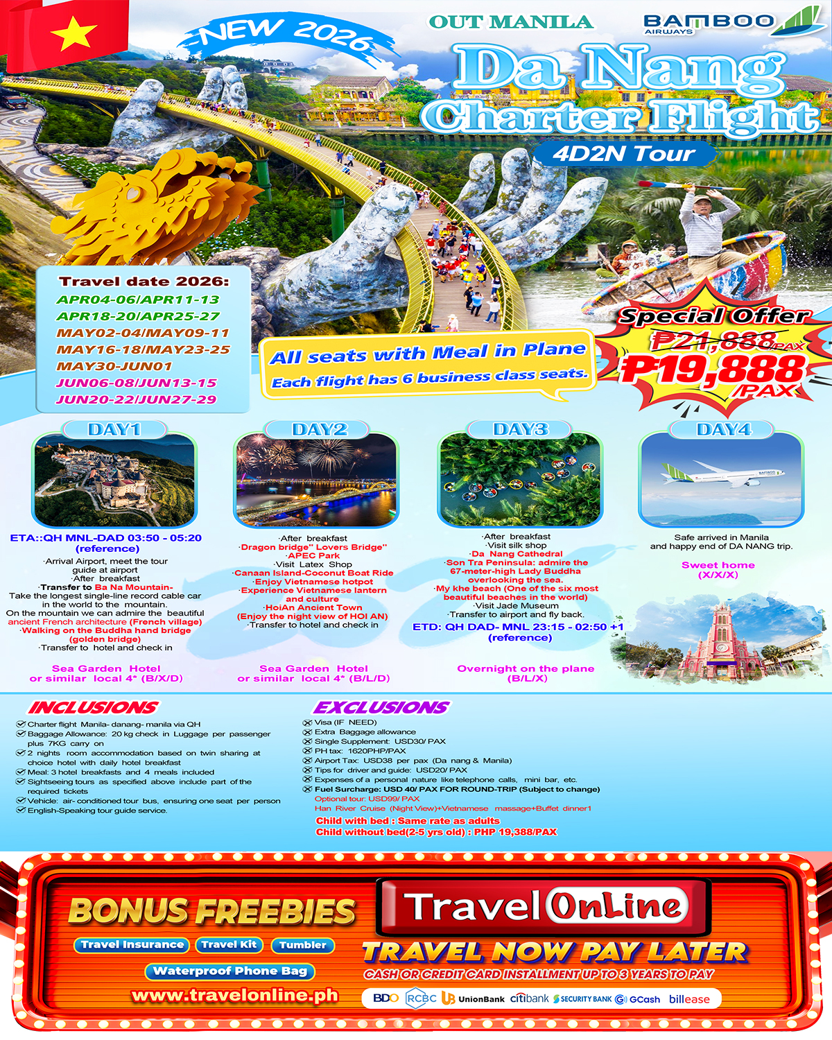 Danang 4D2N (QH Charter Flight),2026:  AS LOW AS ₱19,888/PAX