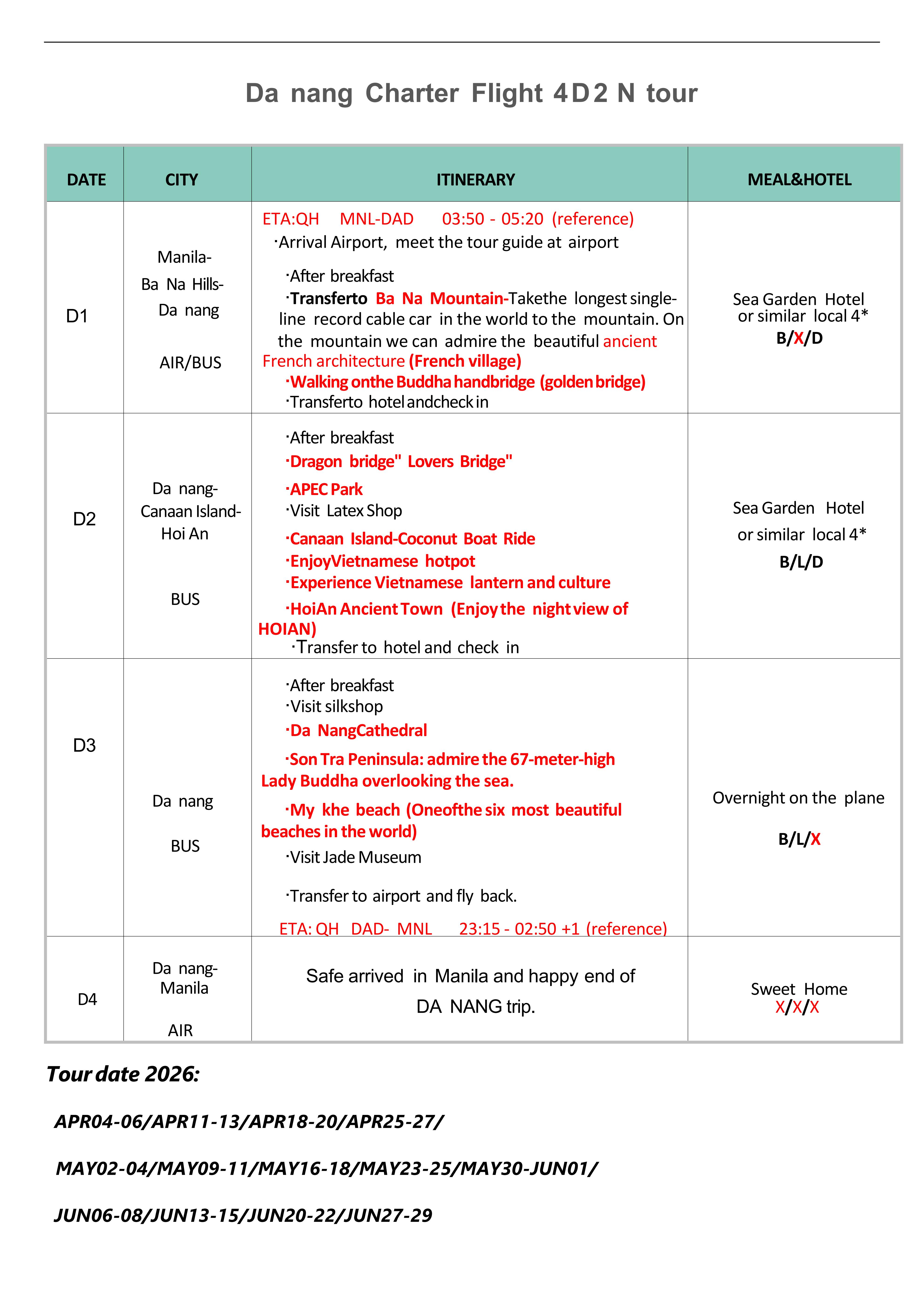 Danang 4D2N (QH Charter Flight),2026:  AS LOW AS ₱19,888/PAX itinerary