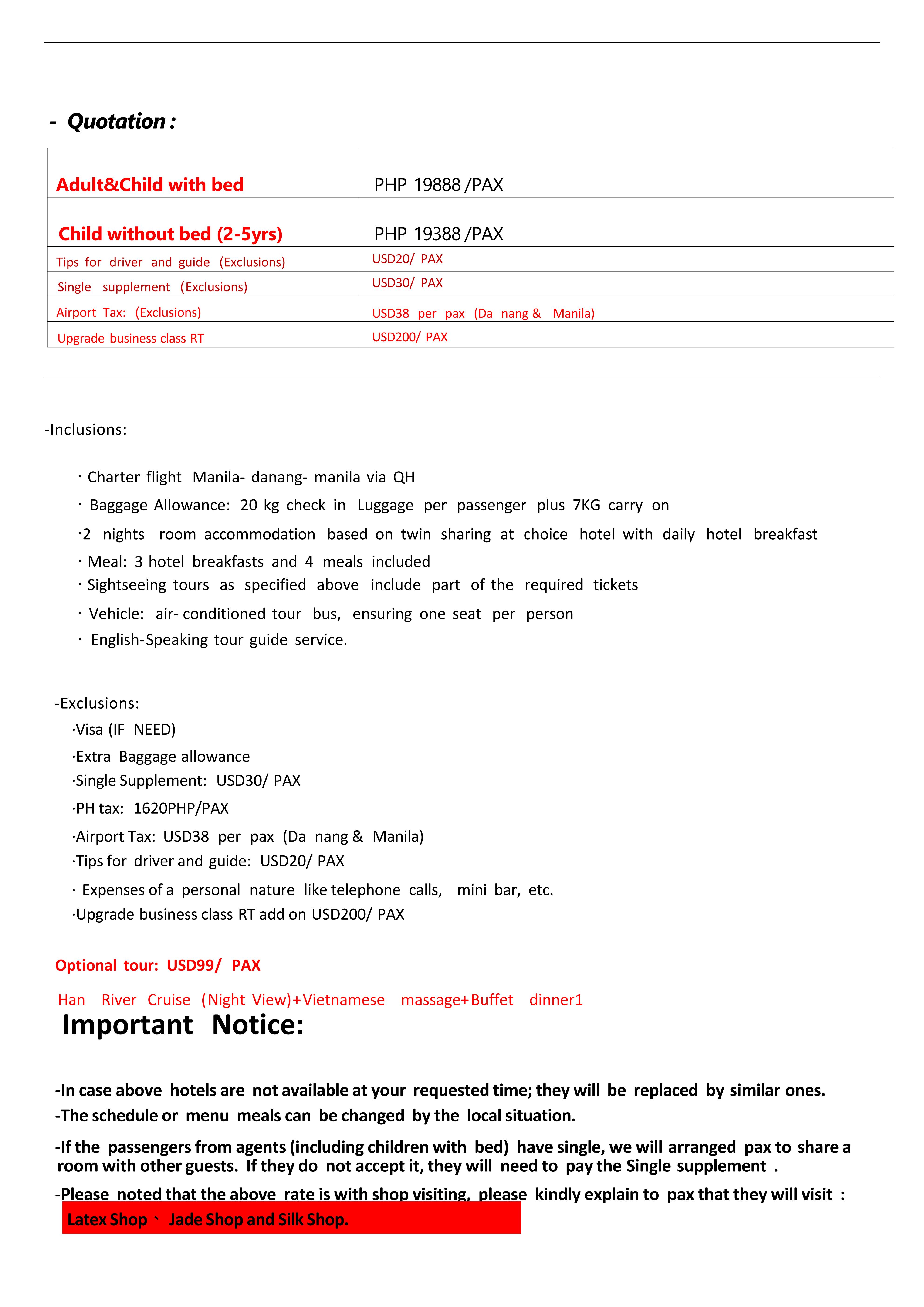 Danang 4D2N (QH Charter Flight),2026:  AS LOW AS ₱19,888/PAX itinerary