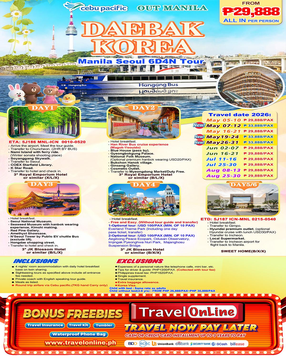 Manila Seoul 6D4N (VIA 5J), 2026:  AS LOW AS ₱29,888/PAX
