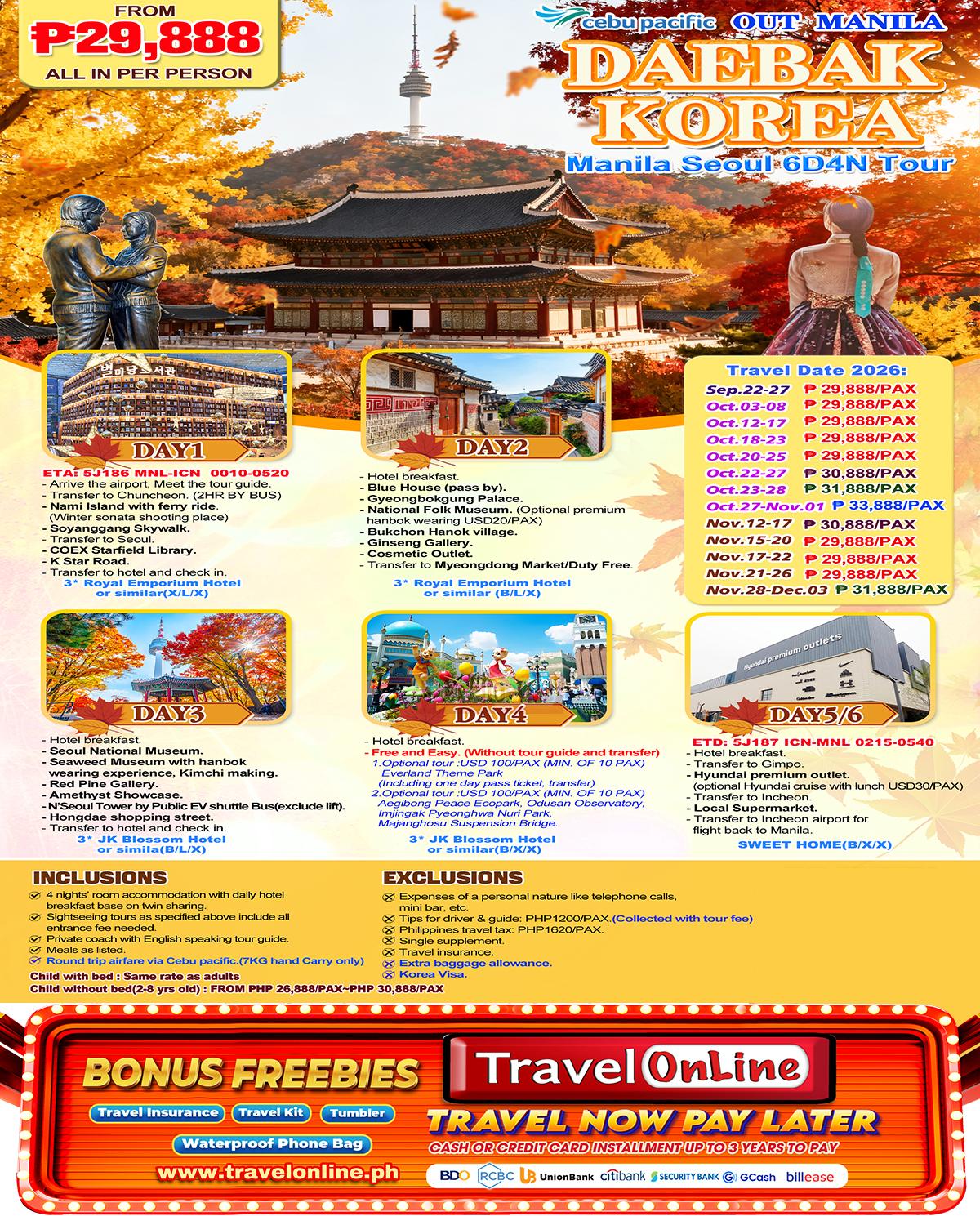 Manila Seoul 6D4N (VIA 5J), 2026: AS LOW AS ₱29,888/PAX