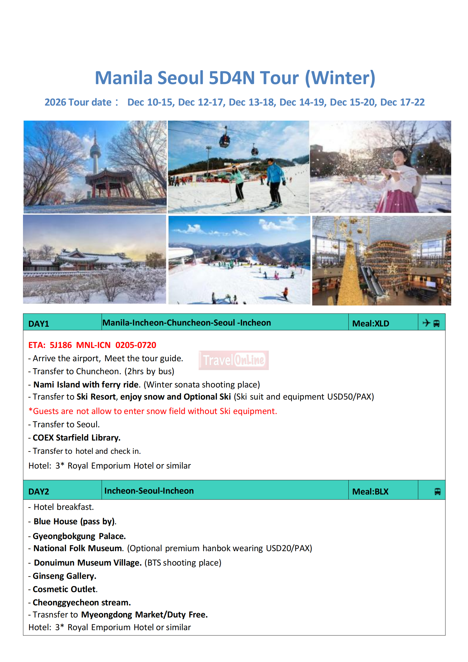 Manila Seoul 6D4N (VIA 5J) Winter, 2026: AS LOW AS ₱29,888/PAX itinerary
