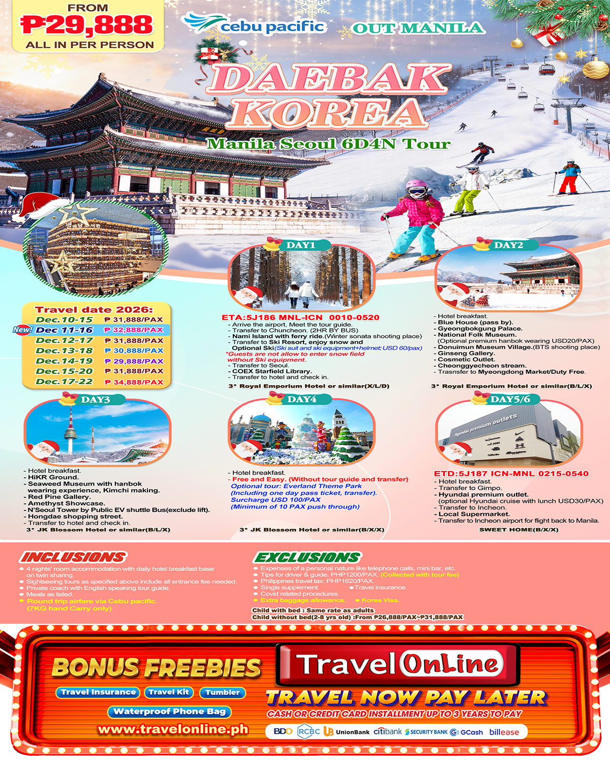 Manila Seoul 6D4N (VIA 5J) Winter, 2026: AS LOW AS ₱29,888/PAX