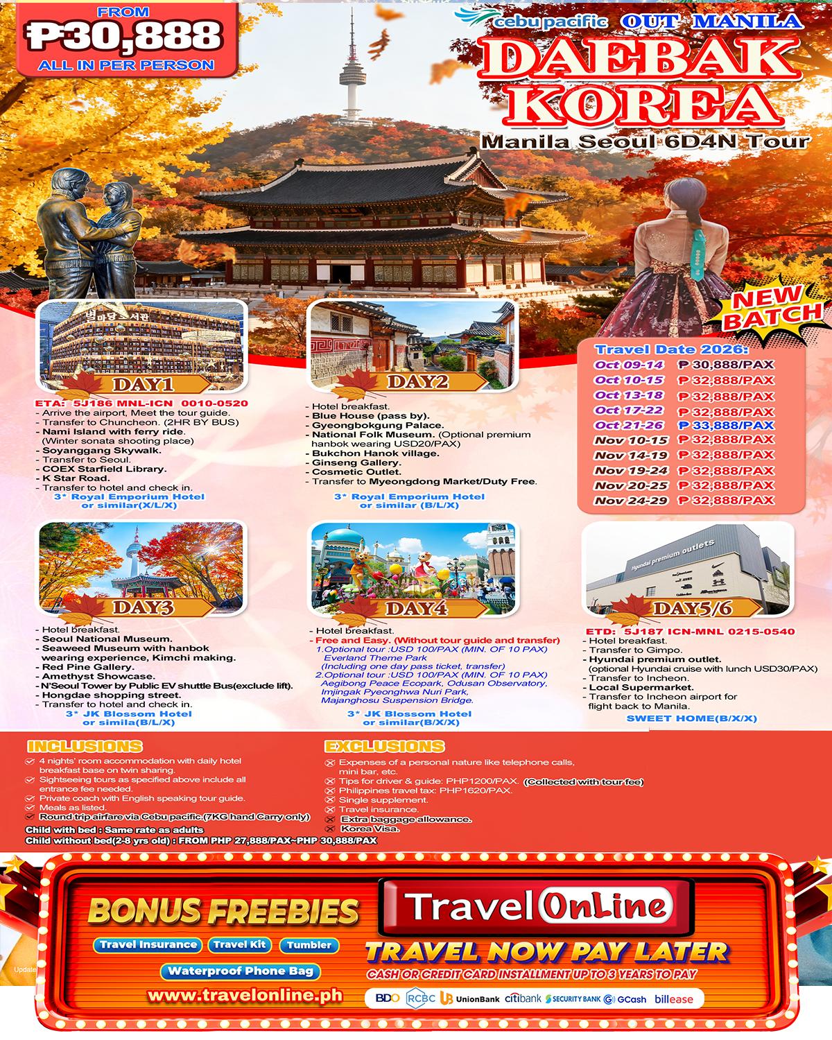 Manila Seoul 6D4N (VIA 5J), 2026:  AS LOW AS ₱30,888/PAX