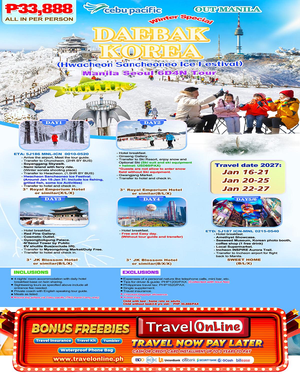 Manila Seoul 6D4N (Hwacheon Ice Festival), 2027: AS LOW AS ₱33,888/PAX