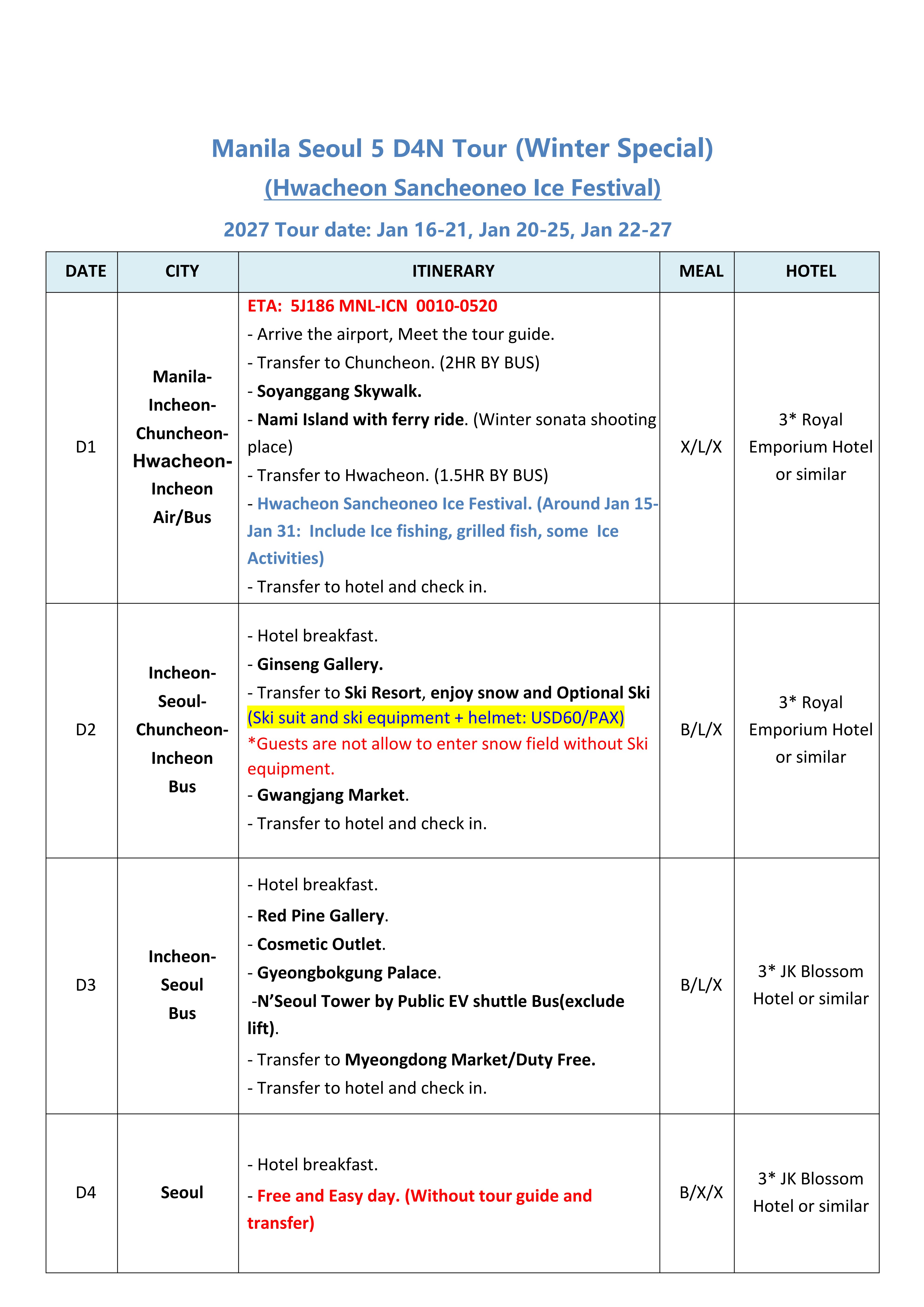 Manila Seoul 6D4N (Hwacheon Ice Festival), 2027: AS LOW AS ₱33,888/PAX itinerary