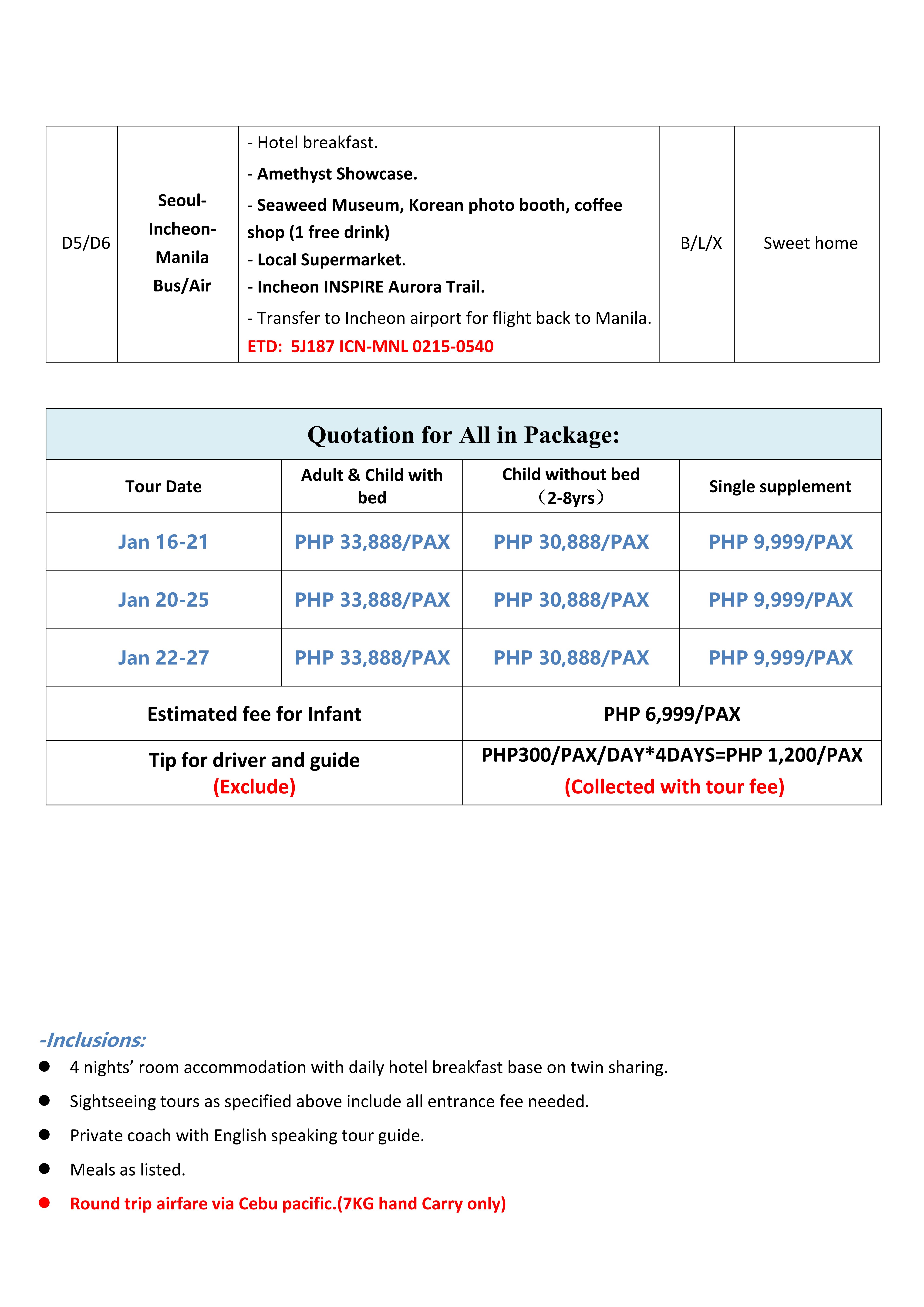 Manila Seoul 6D4N (Hwacheon Ice Festival), 2027: AS LOW AS ₱33,888/PAX itinerary