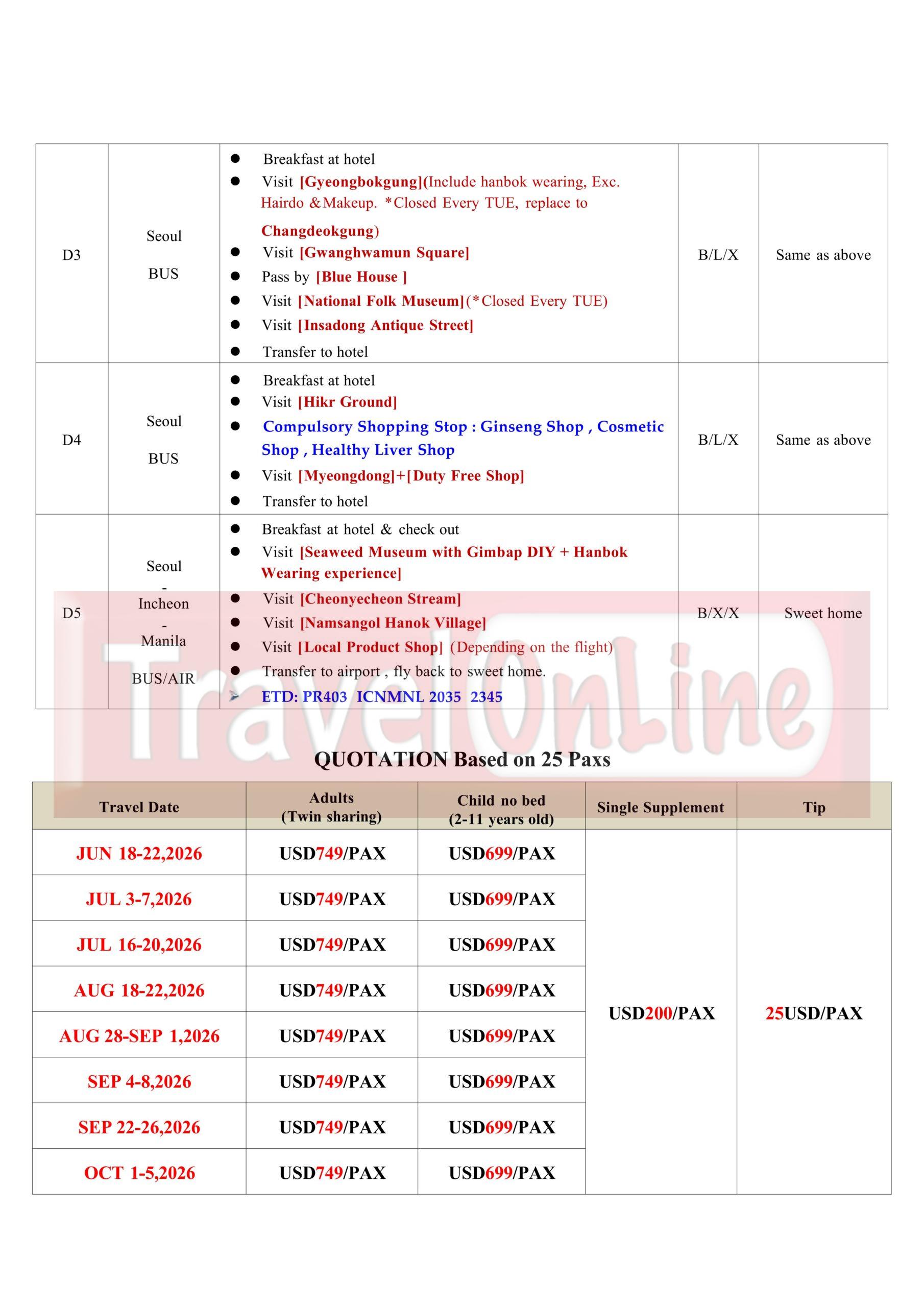 PR Seoul Fun 5D4N Tour 2026 :  AS LOW AS $749/PAX itinerary