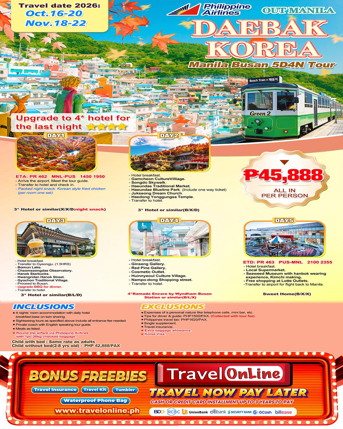 Manila Busan 5D4N, 2026:  AS LOW AS ₱45,888/PAX