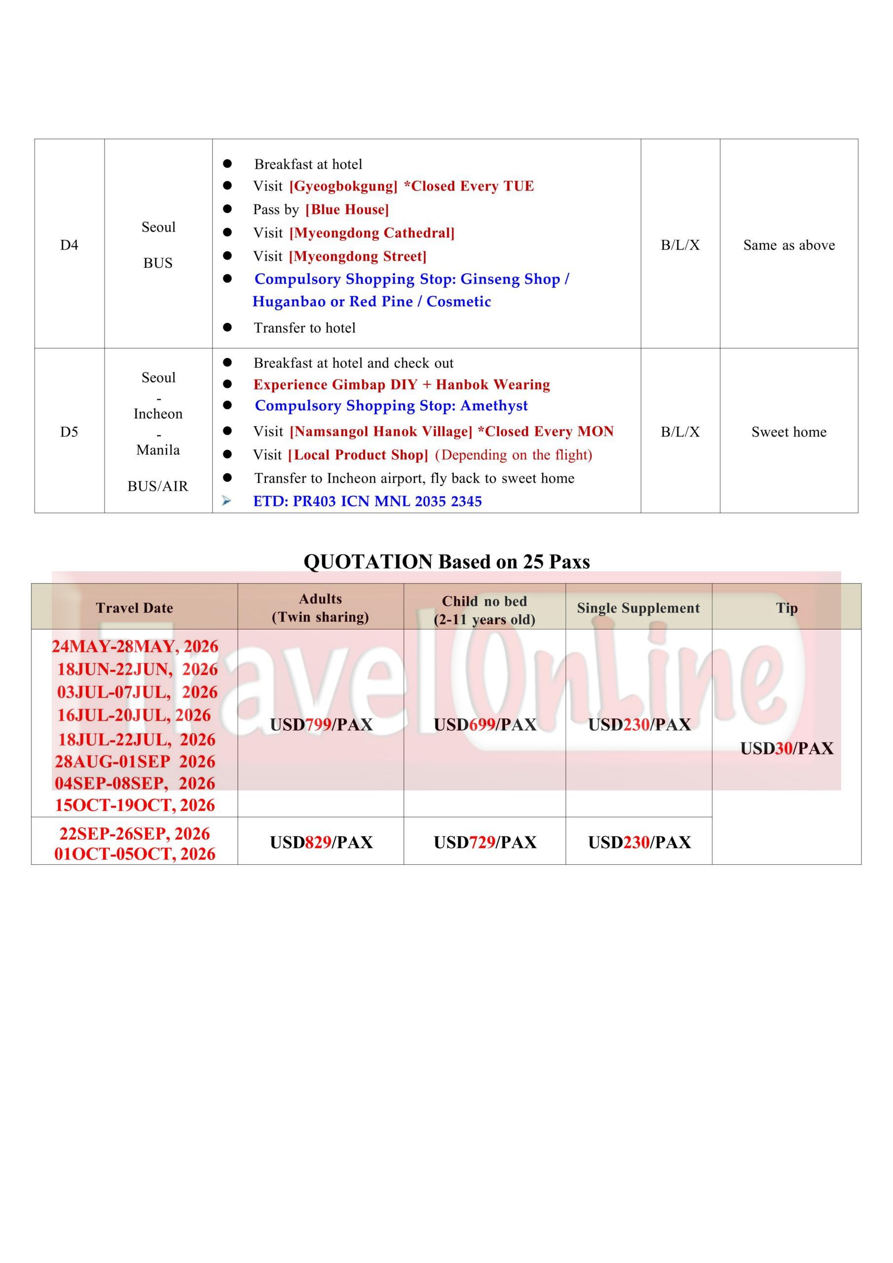 Korea Catholic Pilgrimage 5D4N Tour:  AS LOW AS $799/PAX itinerary