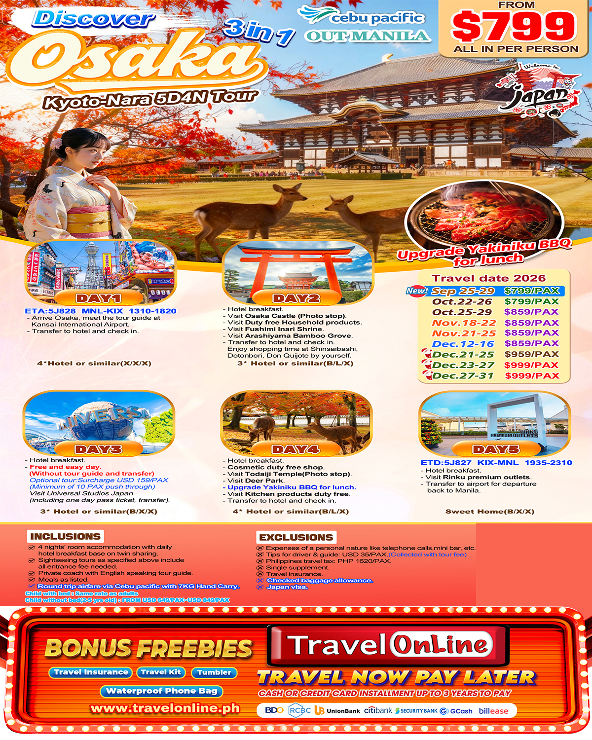 Discover Osaka+Kyoto+Nara 5D4N (3 in 1) , 2026: AS LOW AS $799/PAX