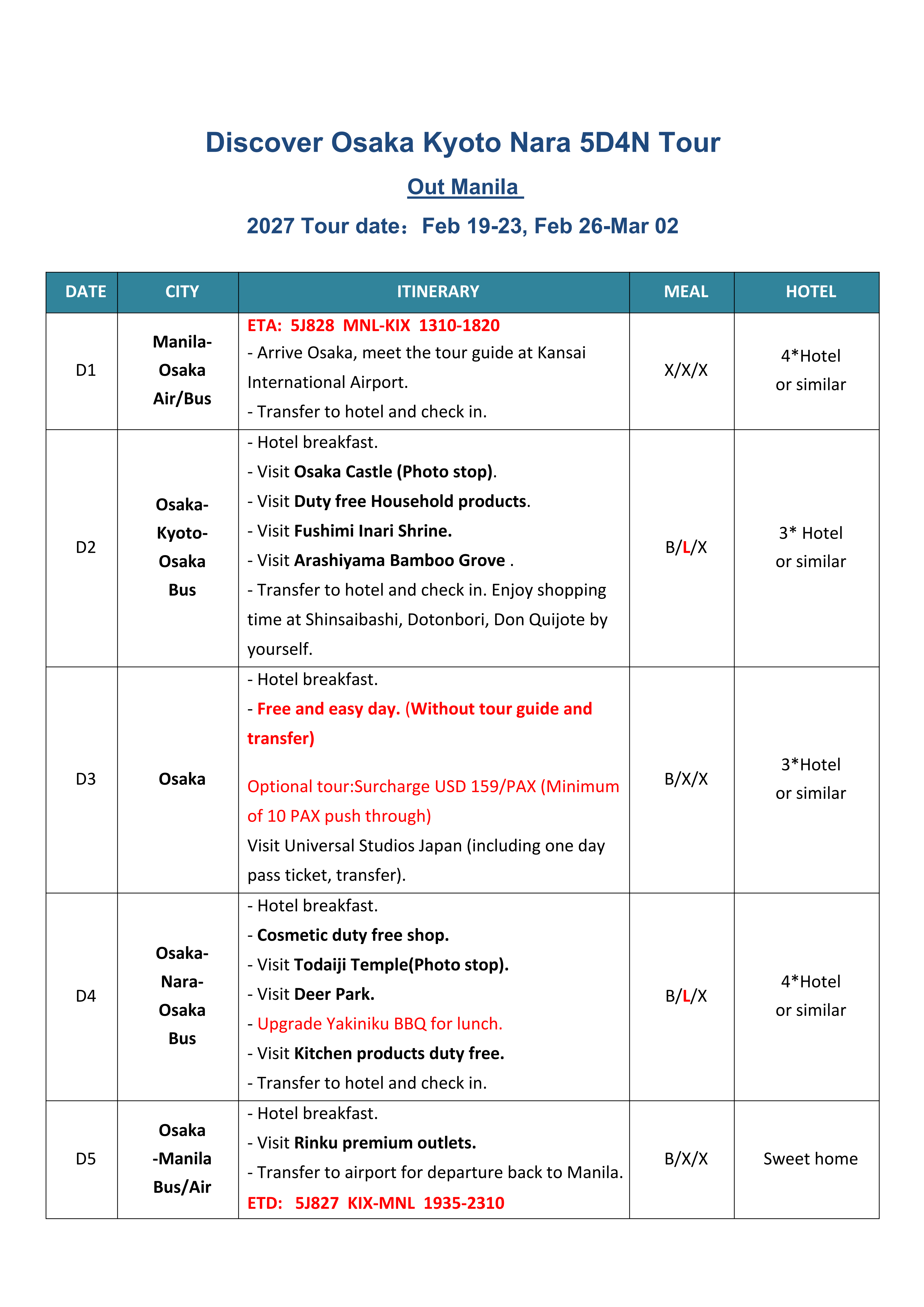 Discover Osaka+Kyoto+Nara 5D4N(3 in 1)，2027: AS LOW AS $799/PAX itinerary