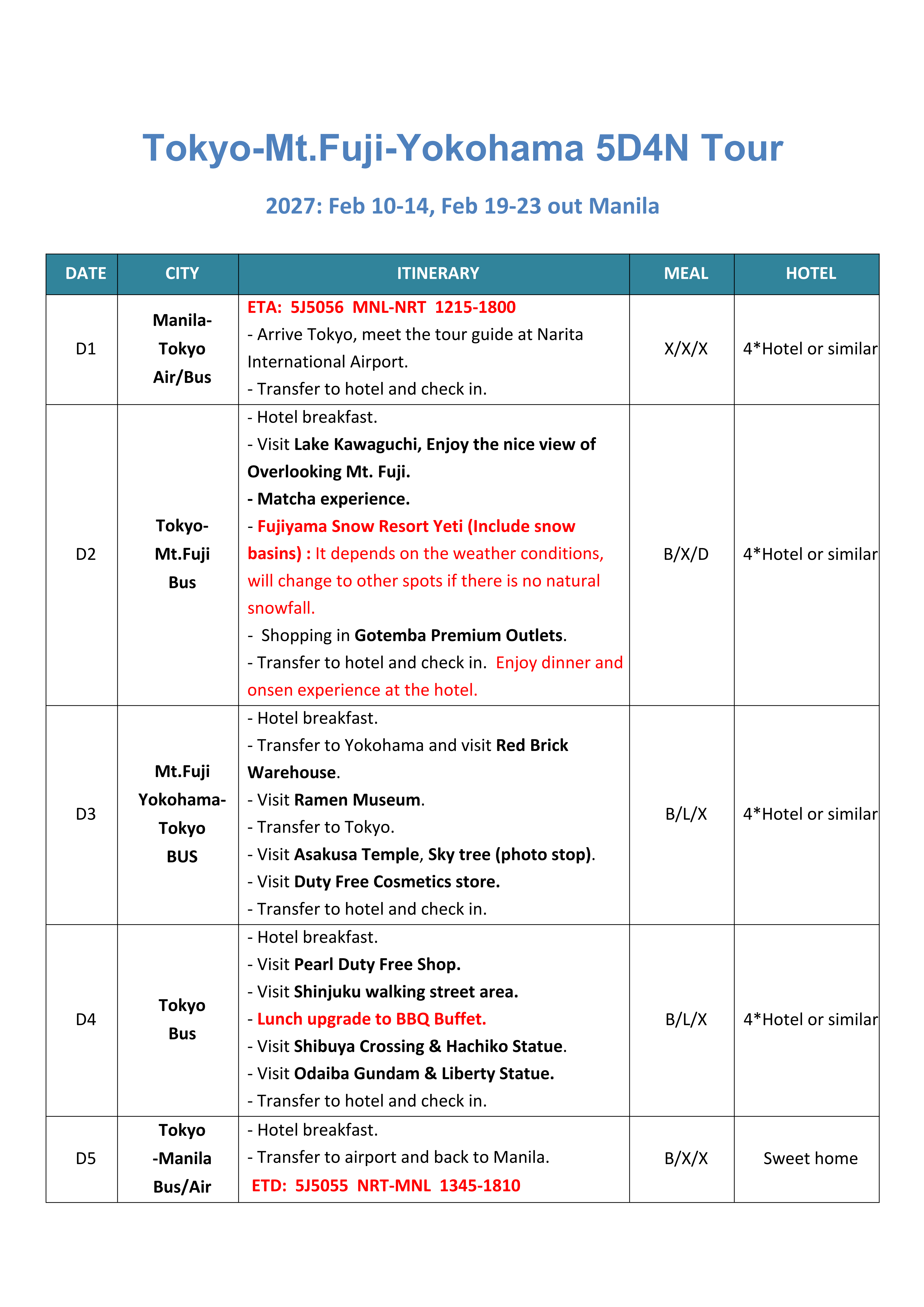Tokyo+Mt.Fuji+Yokohama 5D4N, 2027: AS LOW AS $899/PAX itinerary