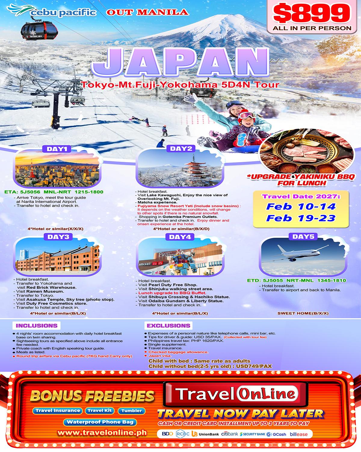 Tokyo+Mt.Fuji+Yokohama 5D4N, 2027: AS LOW AS $899/PAX