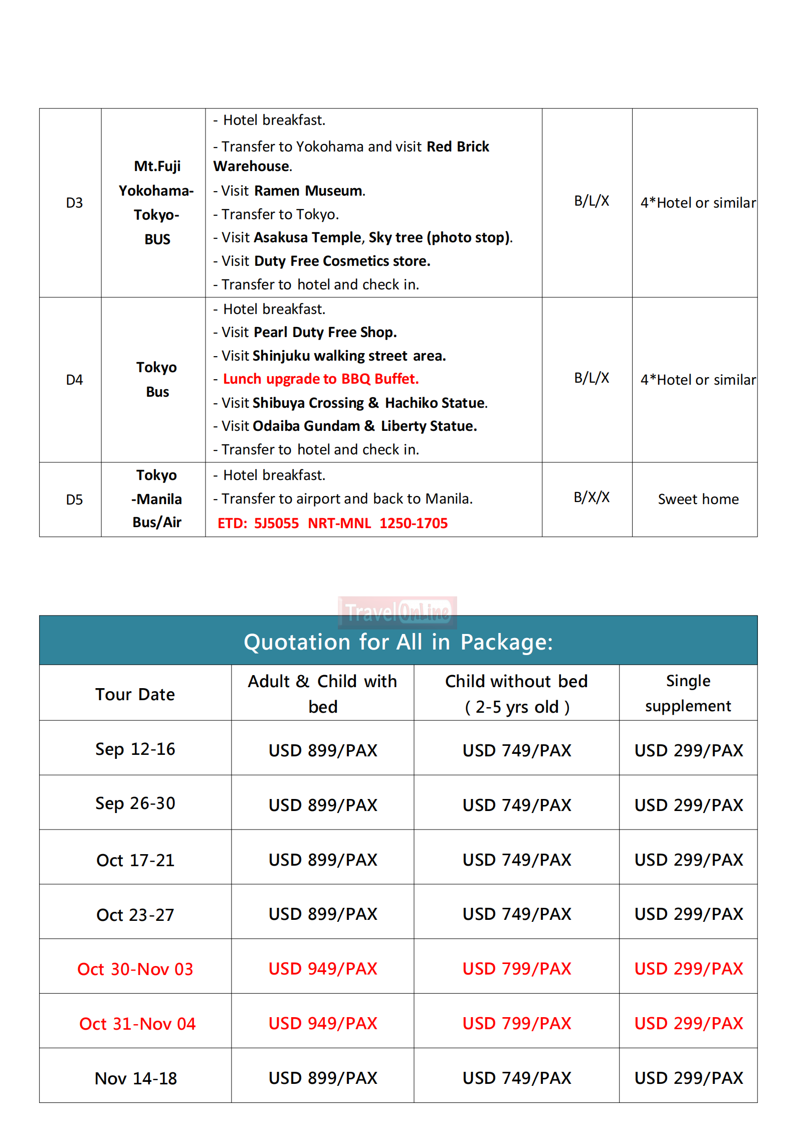 Tokyo+Mt.Fuji+Yokohama 5D4N, 2026: $899/PAX itinerary