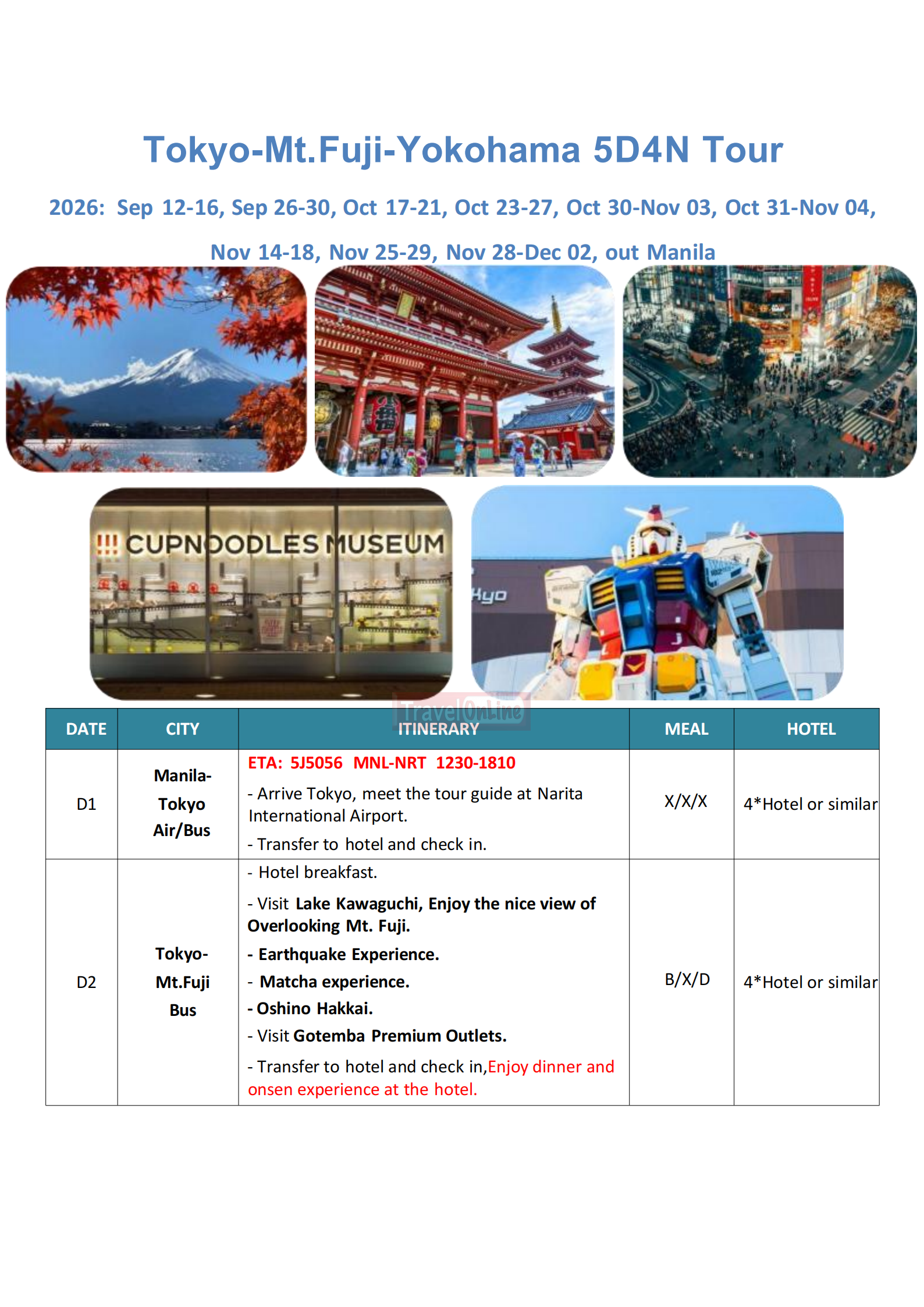 Tokyo+Mt.Fuji+Yokohama 5D4N, 2026: $899/PAX itinerary