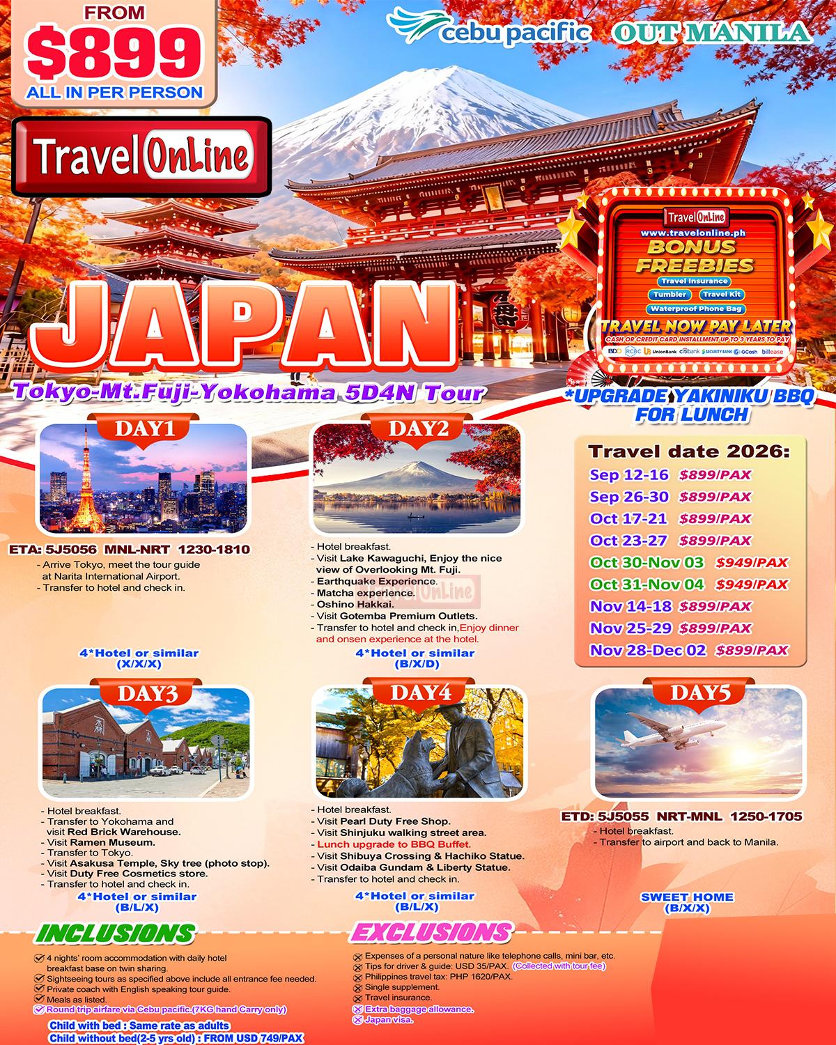 Tokyo+Mt.Fuji+Yokohama 5D4N, 2026: $899/PAX