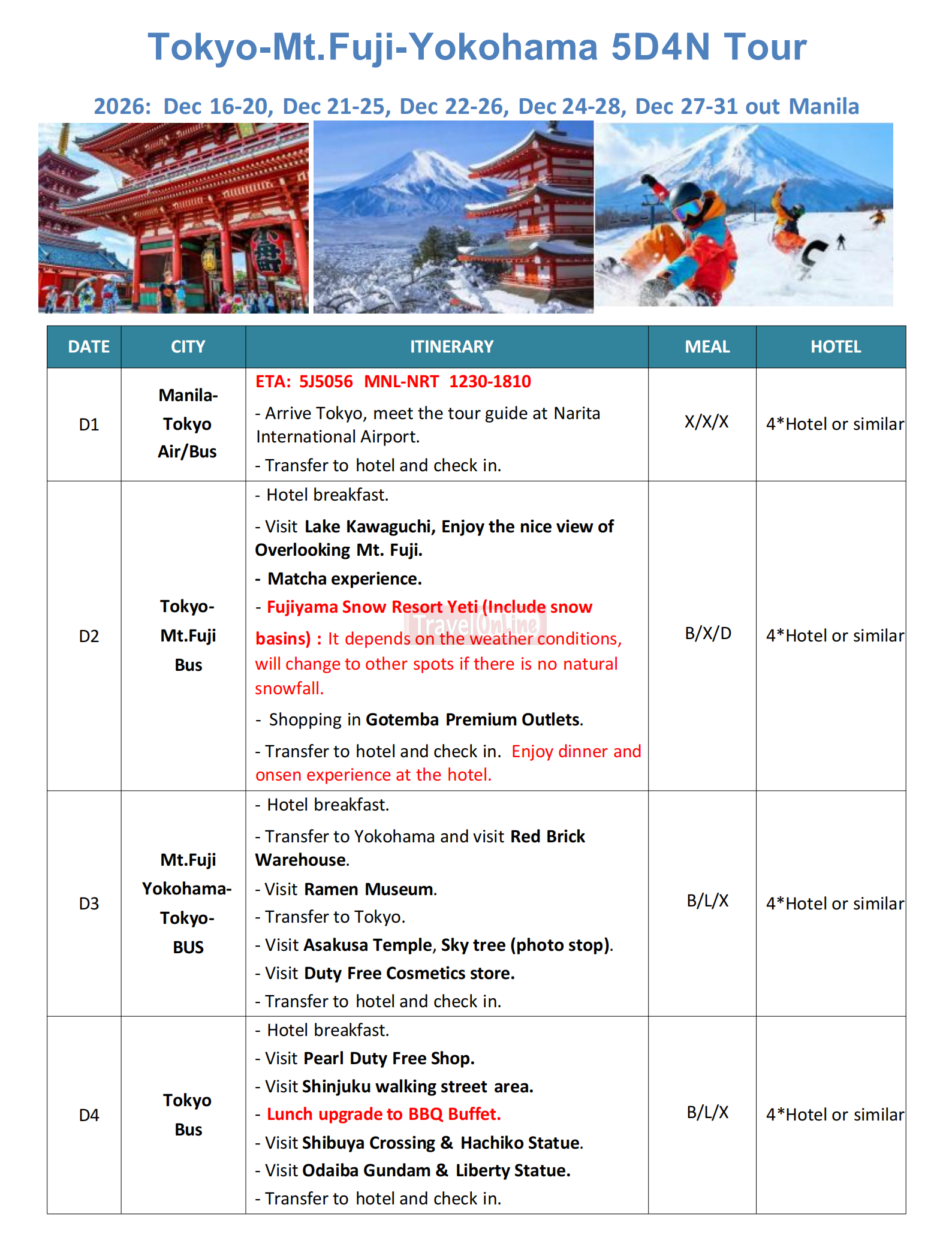 Tokyo+Mt.Fuji+Yokohama 5D4N, 2026: AS LOW AS $949/PAX itinerary