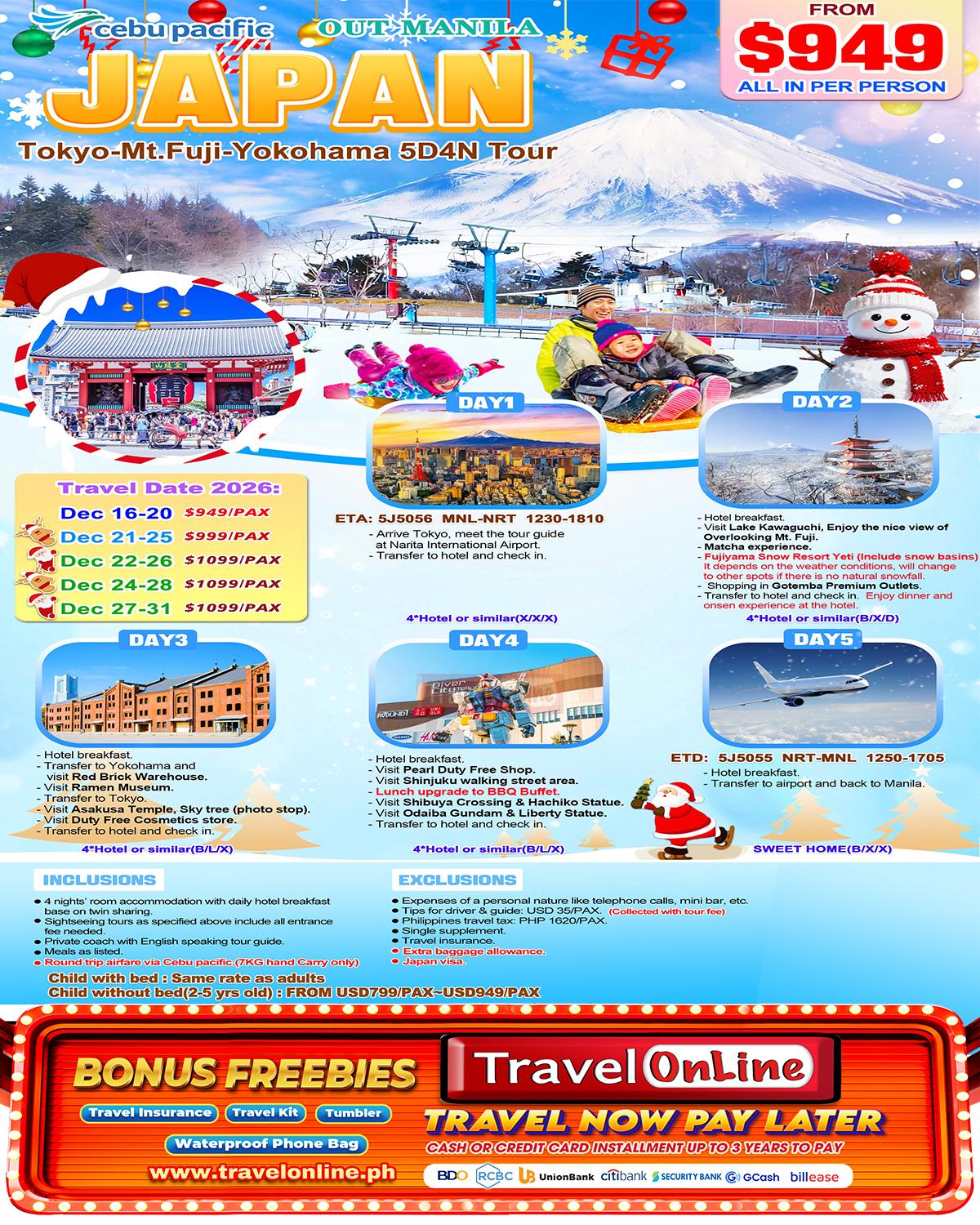 Tokyo+Mt.Fuji+Yokohama 5D4N, 2026: AS LOW AS $949/PAX
