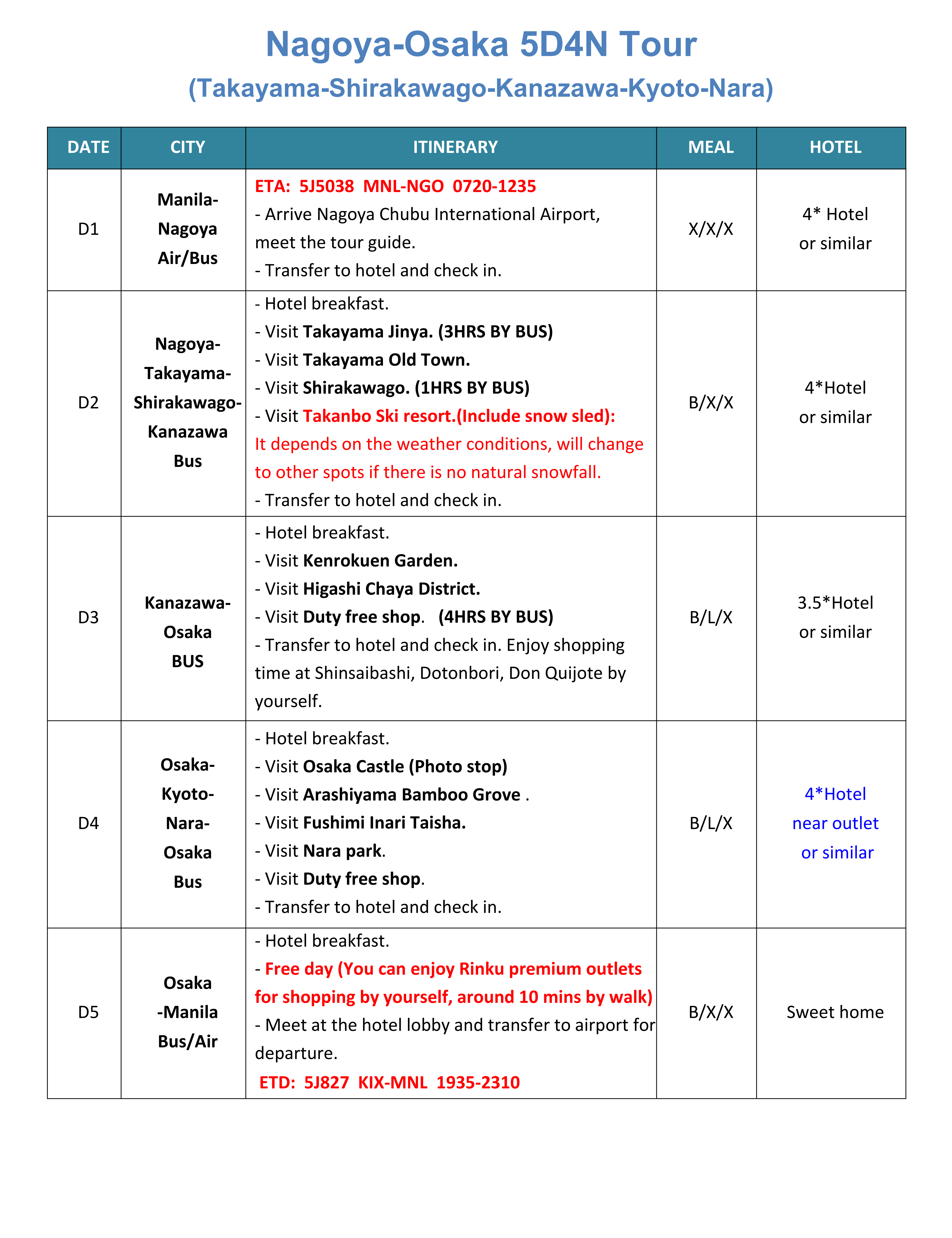 Nagoya+Takayama+Shirakawago+Osaka 5D4N (Winter), 2027: AS LOW AS $999/PAX itinerary