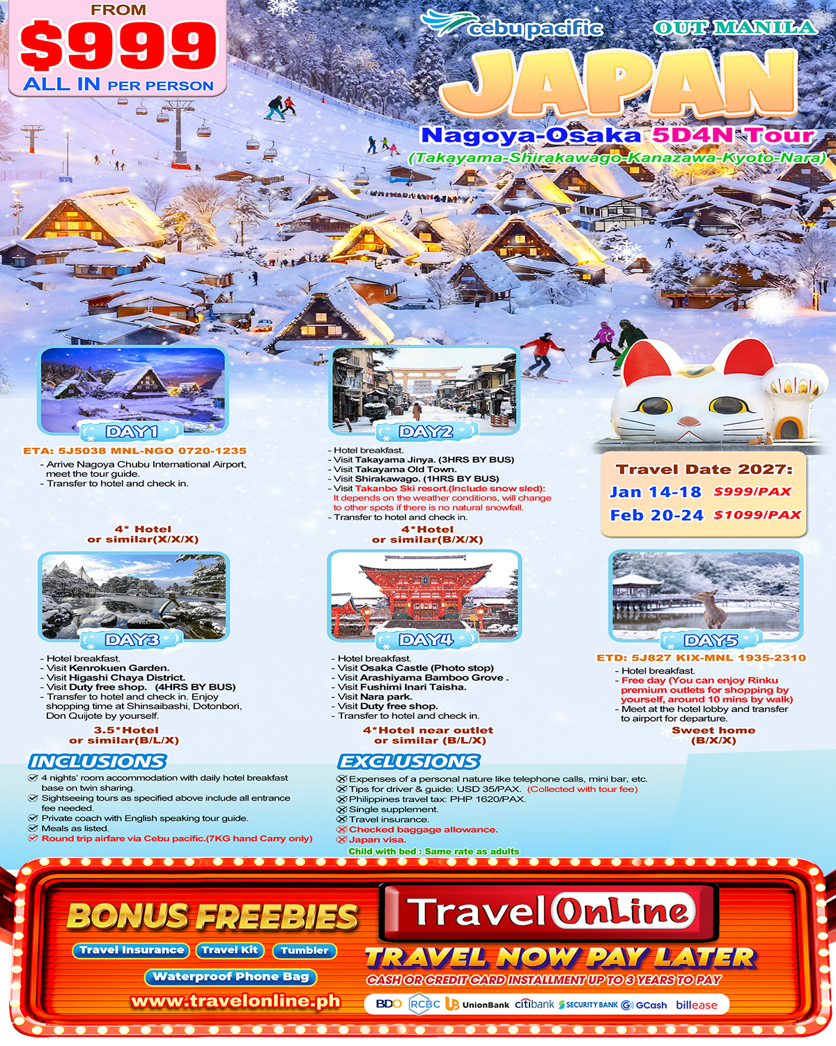 Nagoya+Takayama+Shirakawago+Osaka 5D4N (Winter), 2027: AS LOW AS $999/PAX