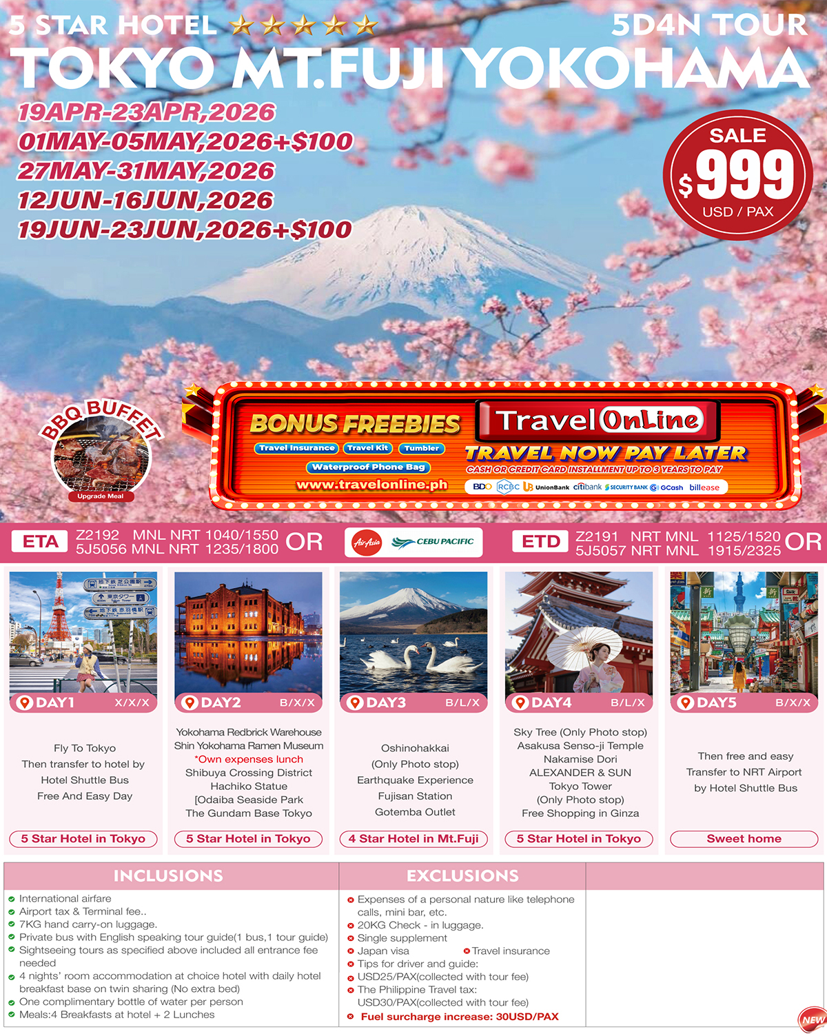 Tokyo Mt.Fuji Yokohama 5D4N Tours: AS LOW AS $999/PAX