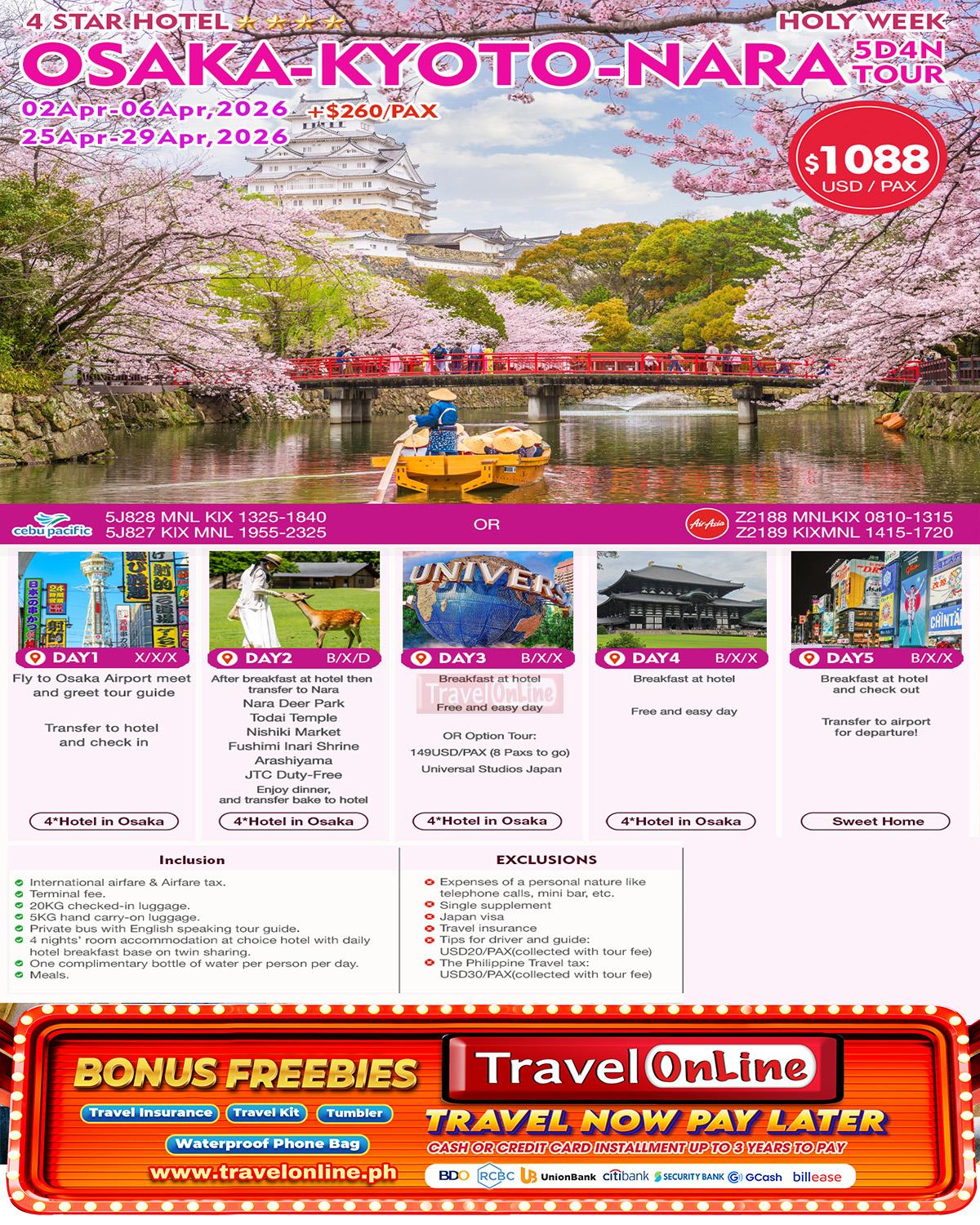 Osaka-Kyoto-Nara 5D4N Tour : AS LOW AS $1088/PAX