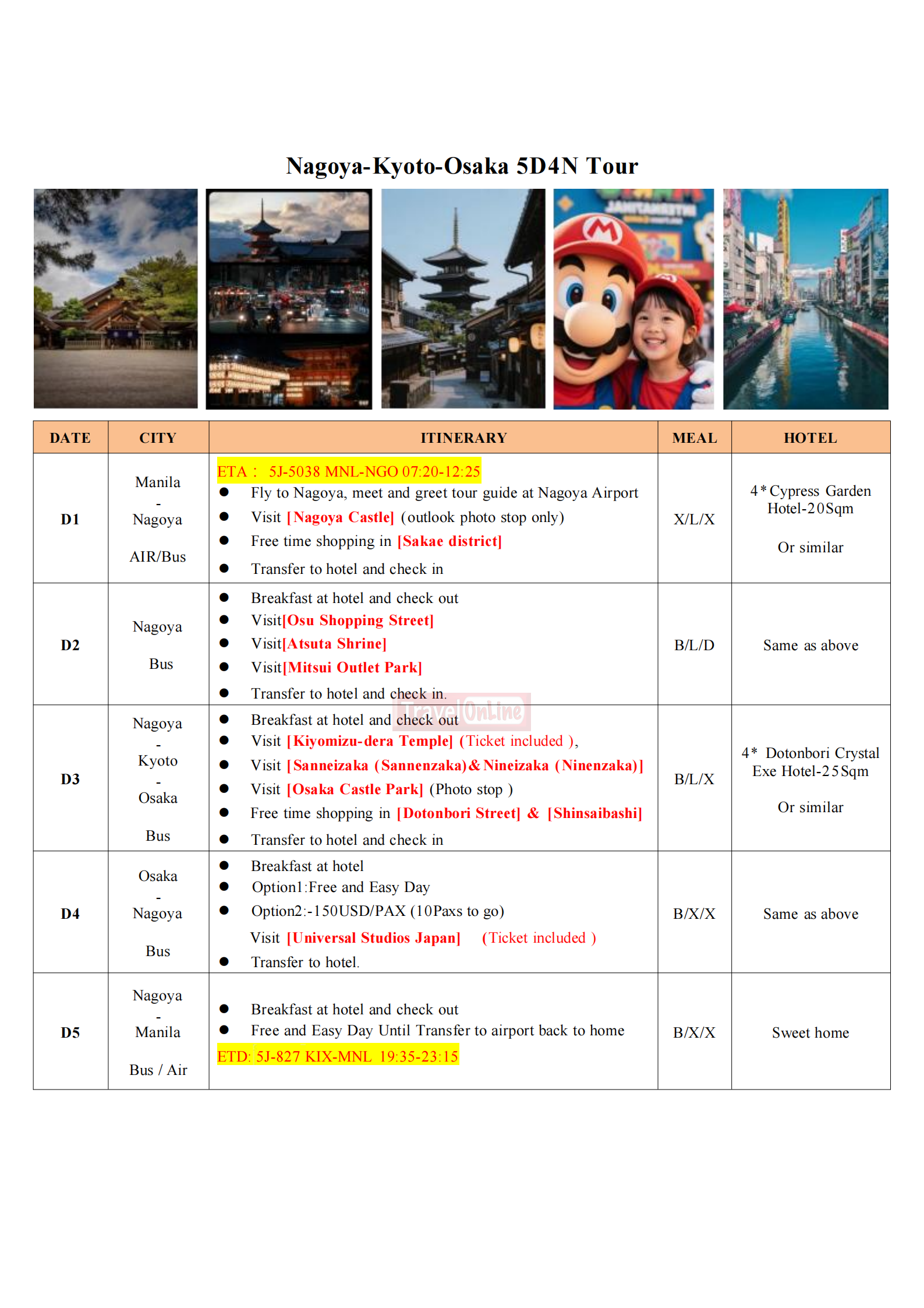Nagoya-Kyoto-Osaka-5D4N-TOUR: AS LOW AS $1199/PAX itinerary