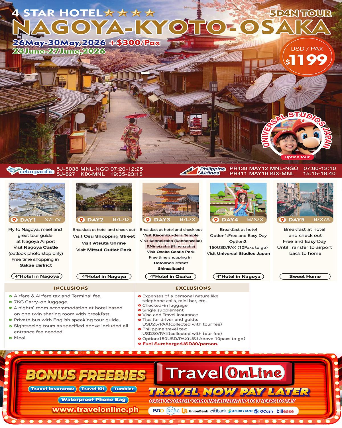 Nagoya-Kyoto-Osaka-5D4N-TOUR: AS LOW AS $1199/PAX