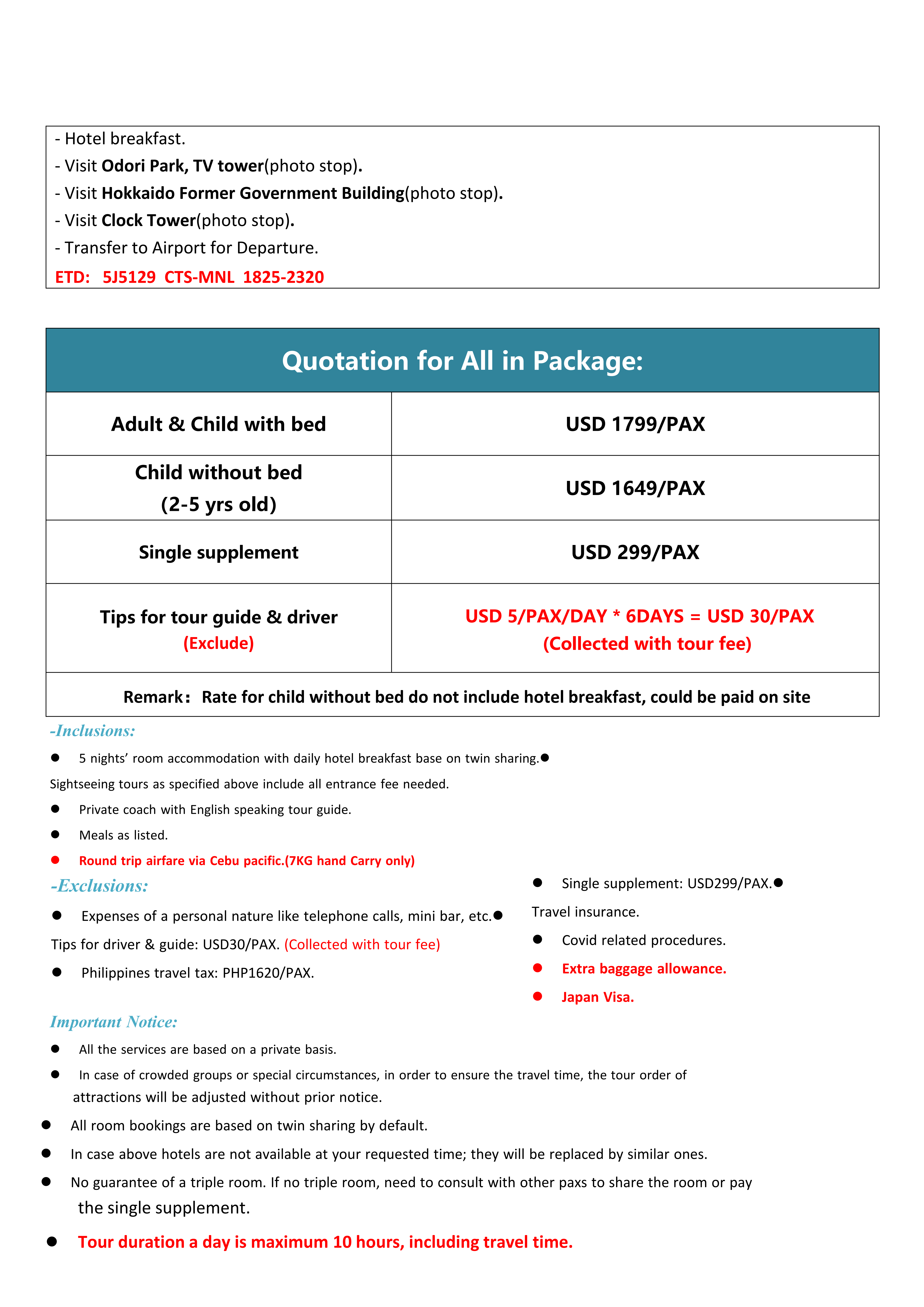 Hokkaido 6D5N Tour (VIA 5J),2026: AS LOW AS $1799/PAX itinerary