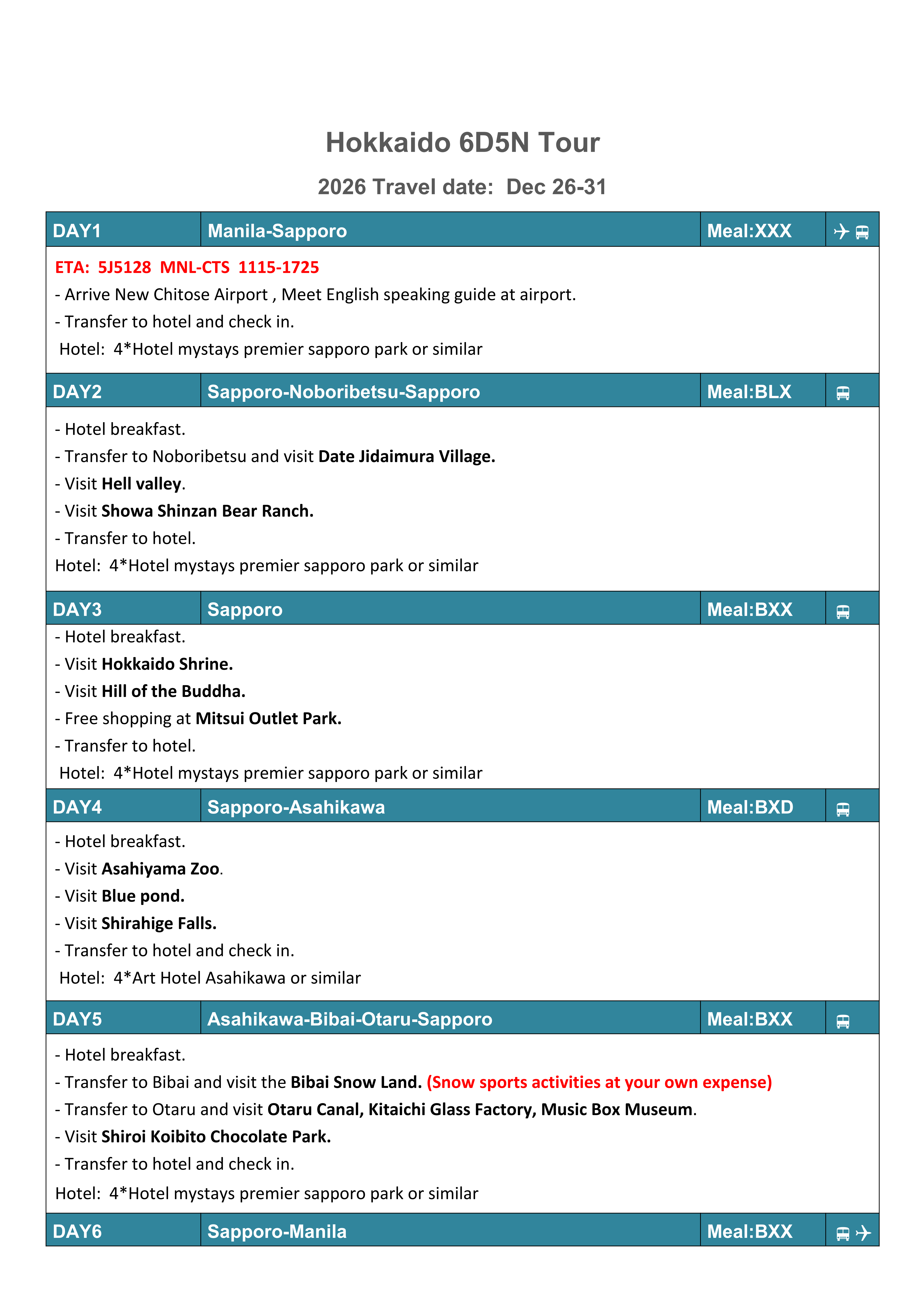 Hokkaido 6D5N Tour (VIA 5J),2026: AS LOW AS $1799/PAX itinerary
