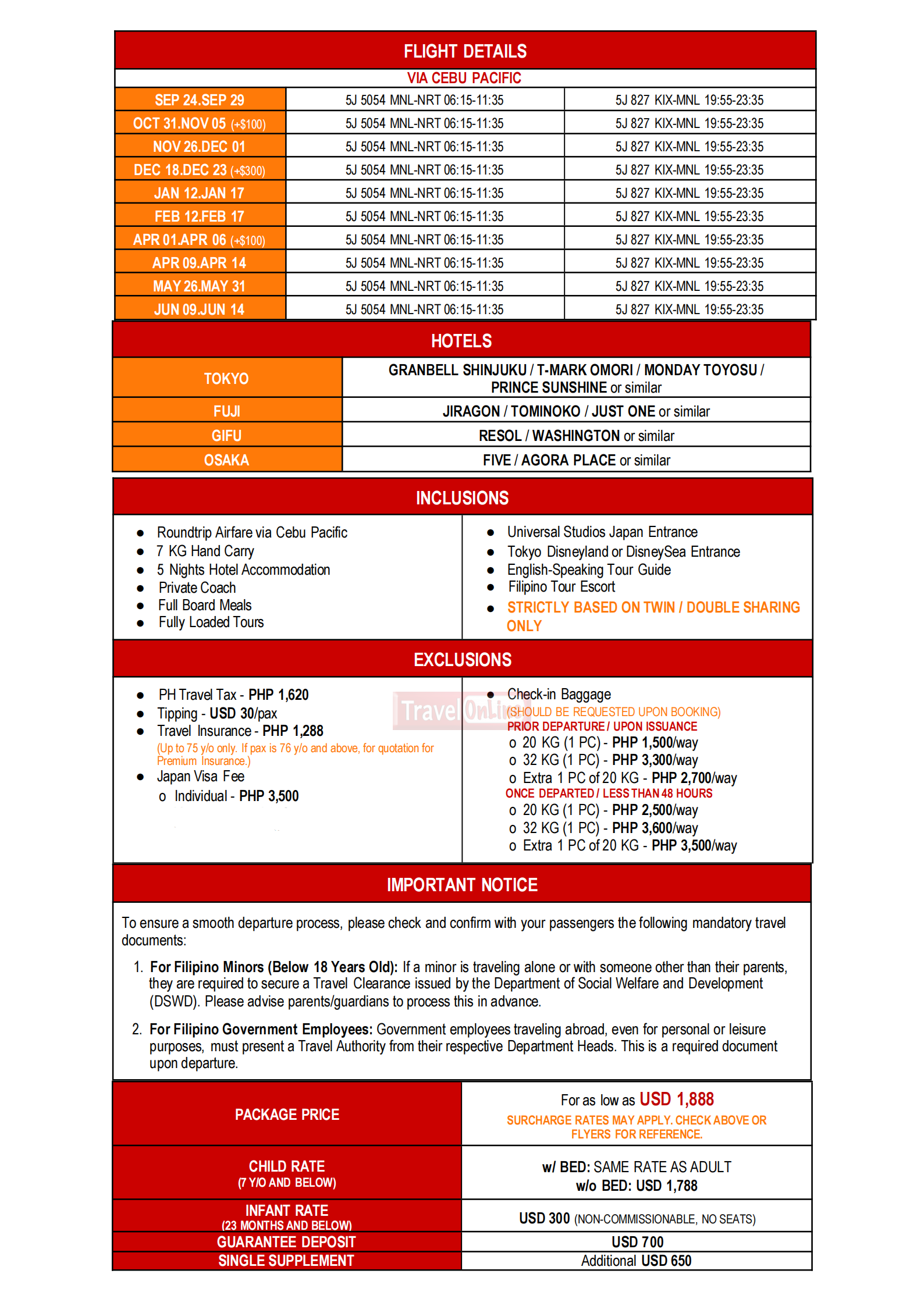 Memorable Japan Tokyo - Osaka via 5J 2026 : AS LOW AS $1888/PAX itinerary