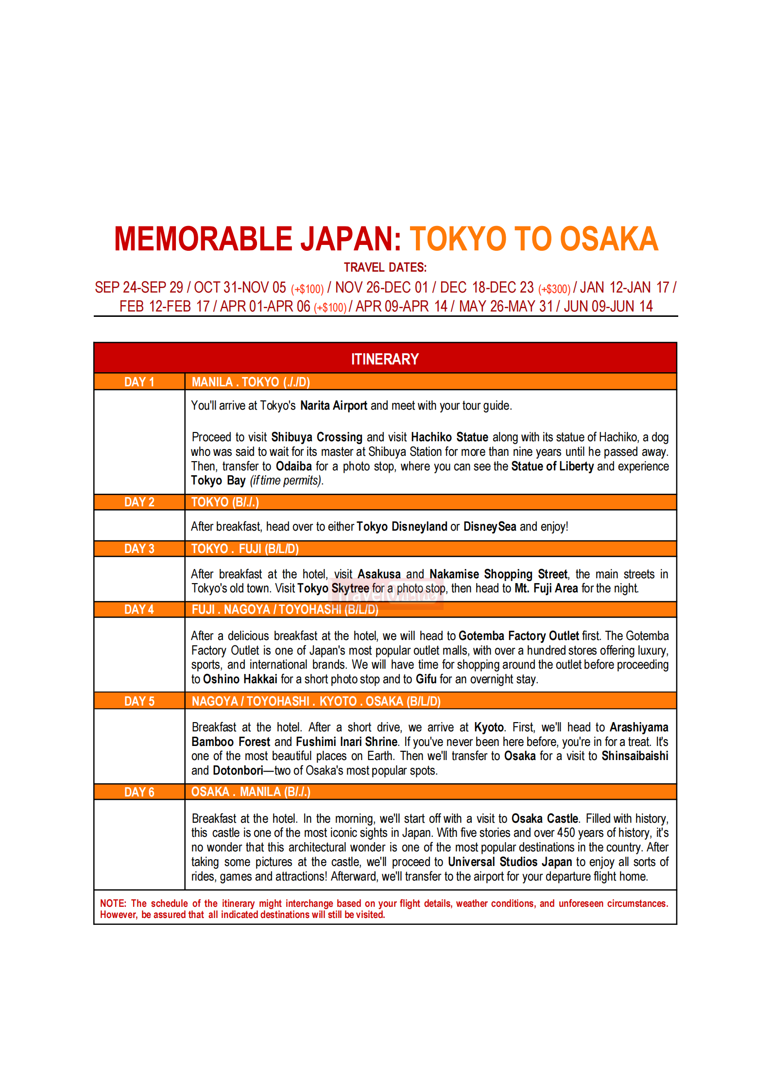 Memorable Japan Tokyo - Osaka via 5J 2026 : AS LOW AS $1888/PAX itinerary
