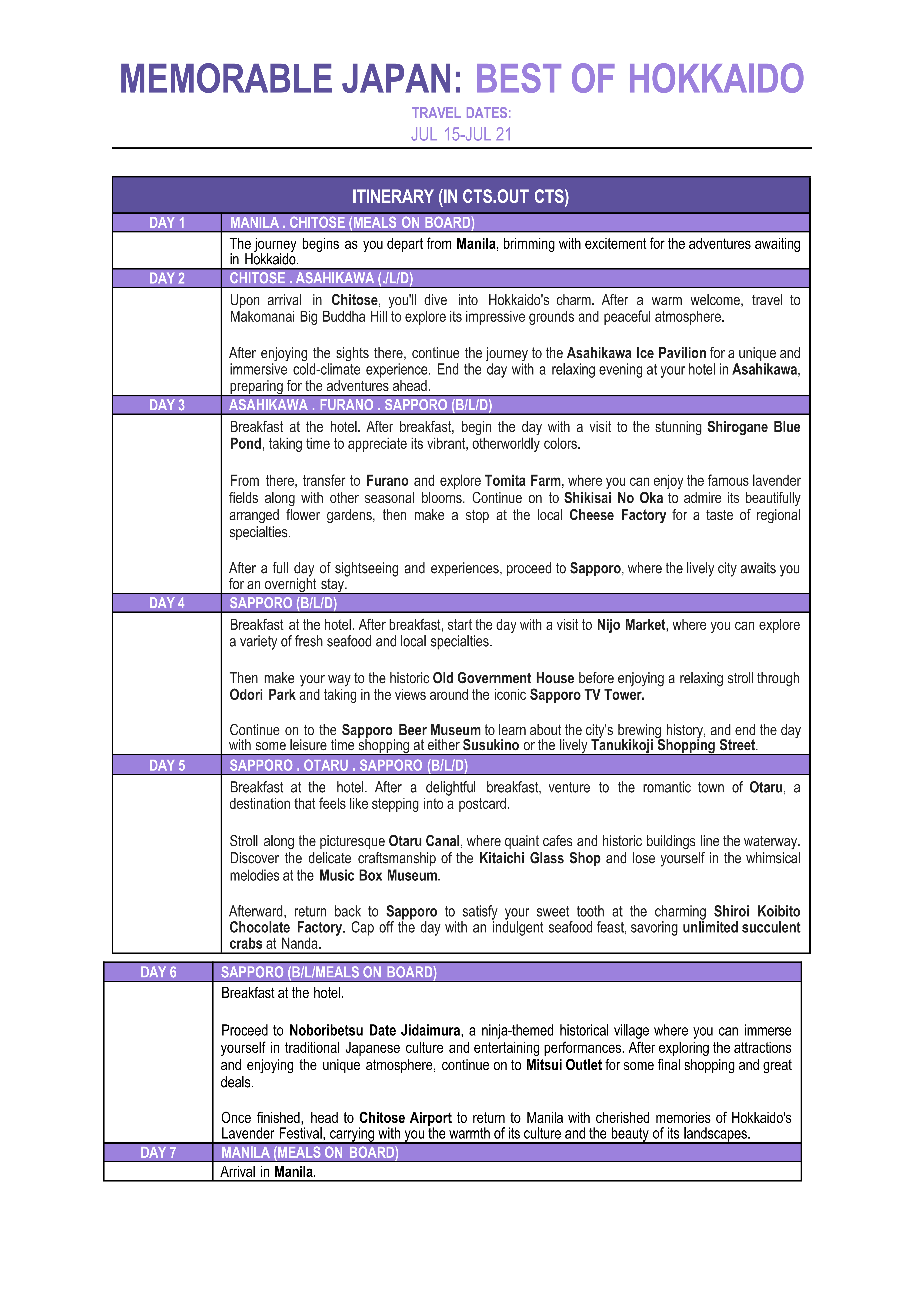 Memorable Japan-Lavender Hokkaido 2026: AS LOW AS $1988/PAX itinerary
