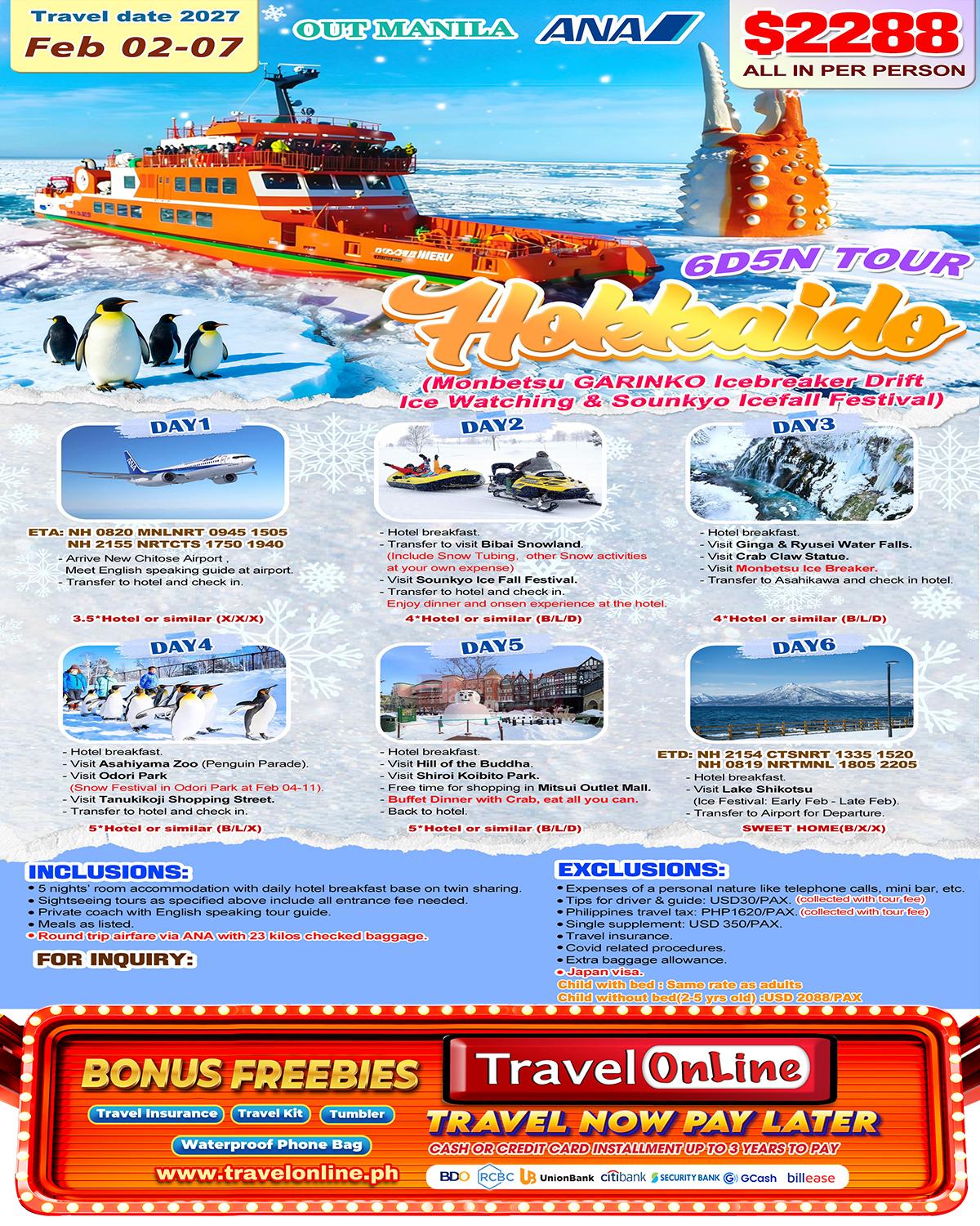 Hokkaido Icebreaker 6D5N（VIA ANA)，2027 : AS LOW AS $2288/PAX