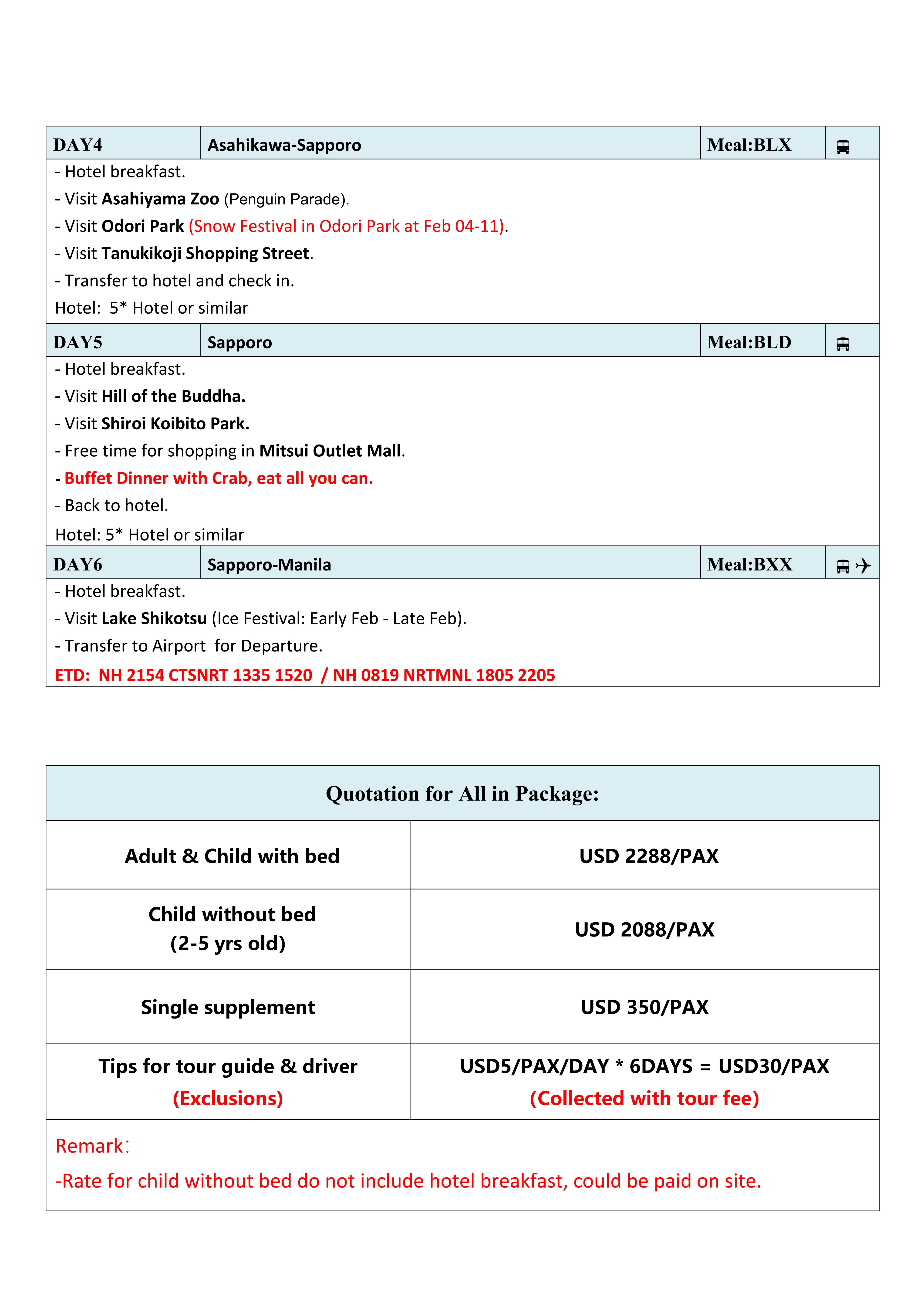 Hokkaido Icebreaker 6D5N（VIA ANA)，2027 : AS LOW AS $2288/PAX itinerary