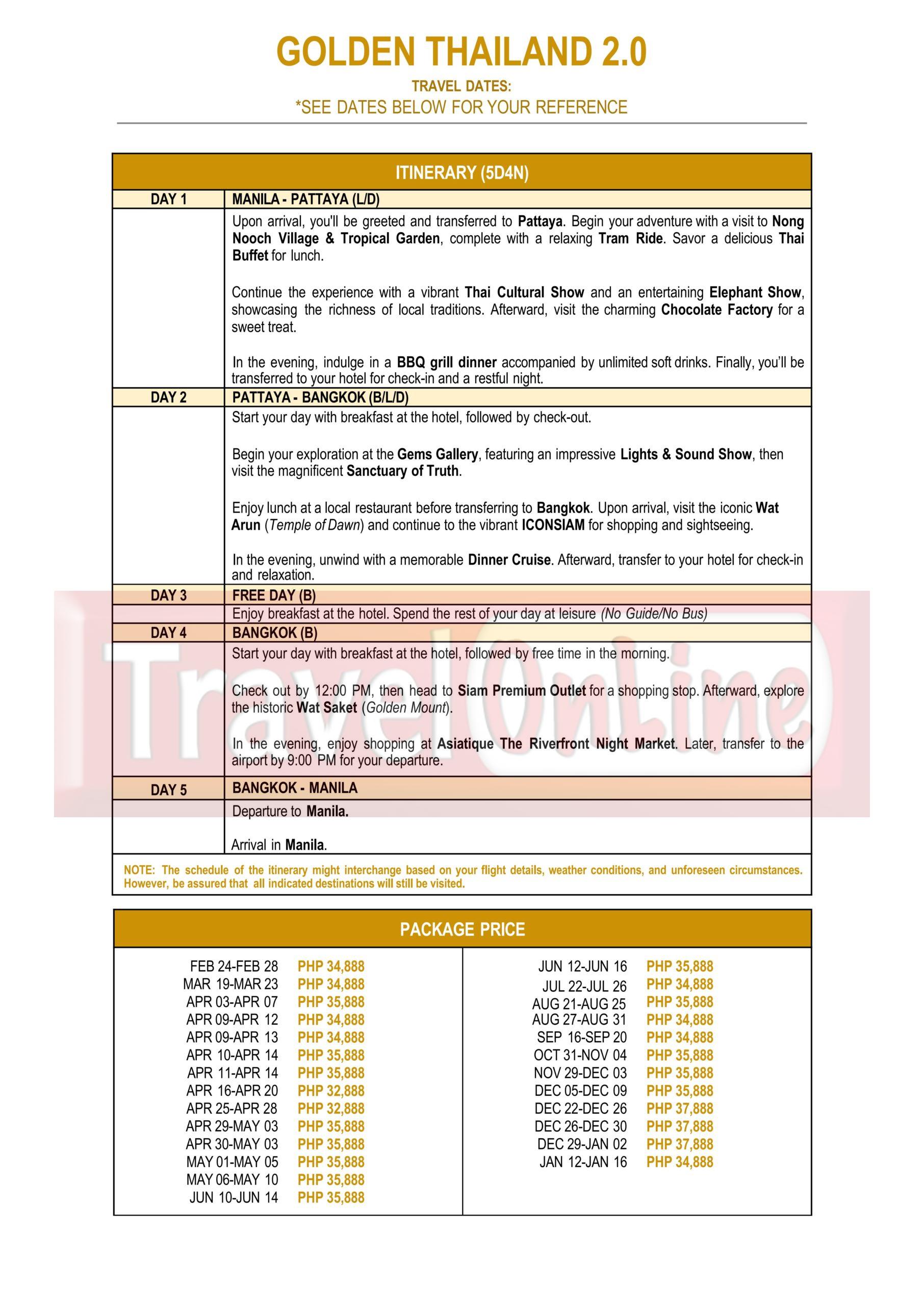 Golden Thailand 2026:  AS LOW AS ₱32,888/PAX itinerary