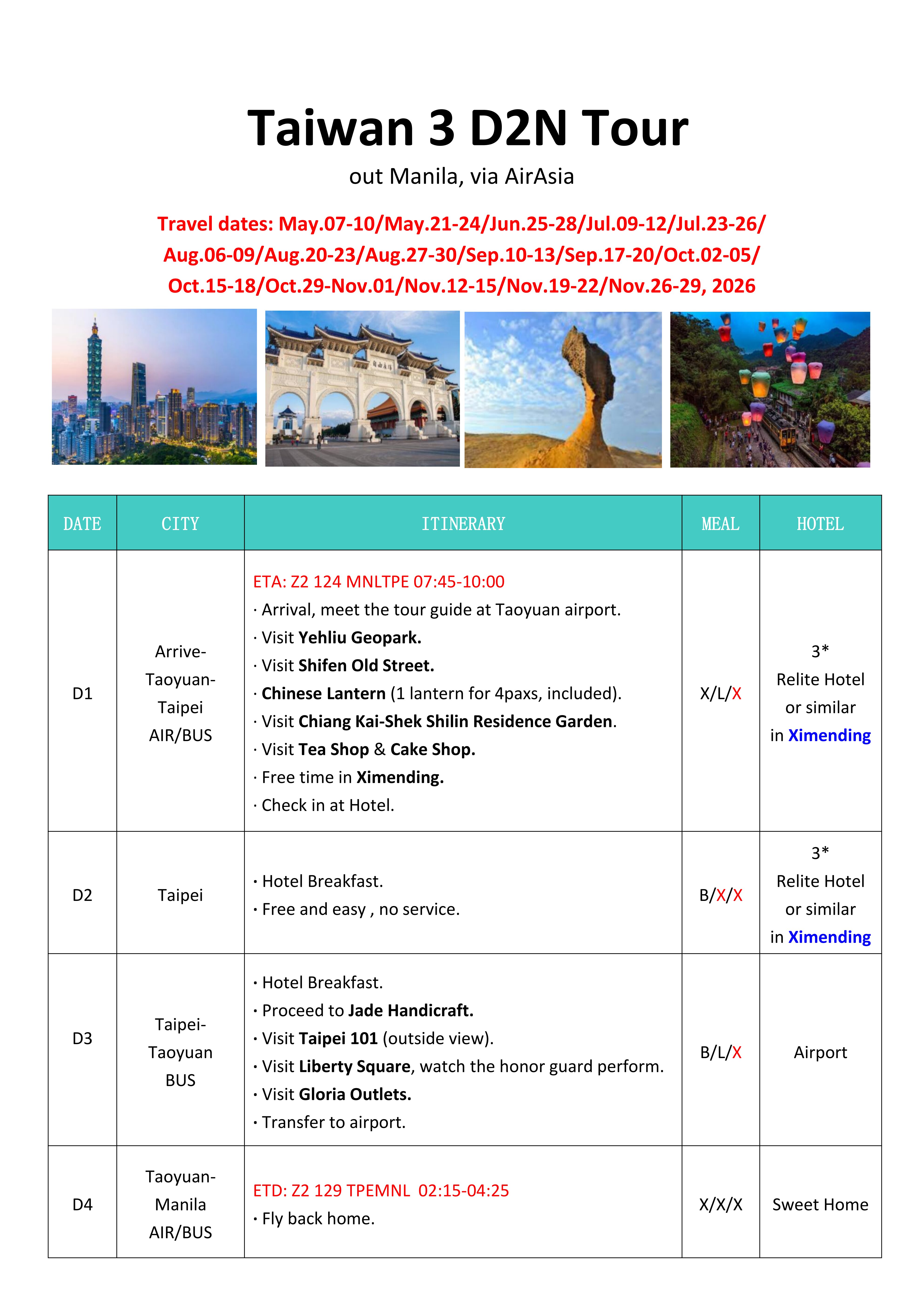 Taiwan 4D2N (Z2), 2026: AS LOW AS ₱23,888/PAX itinerary